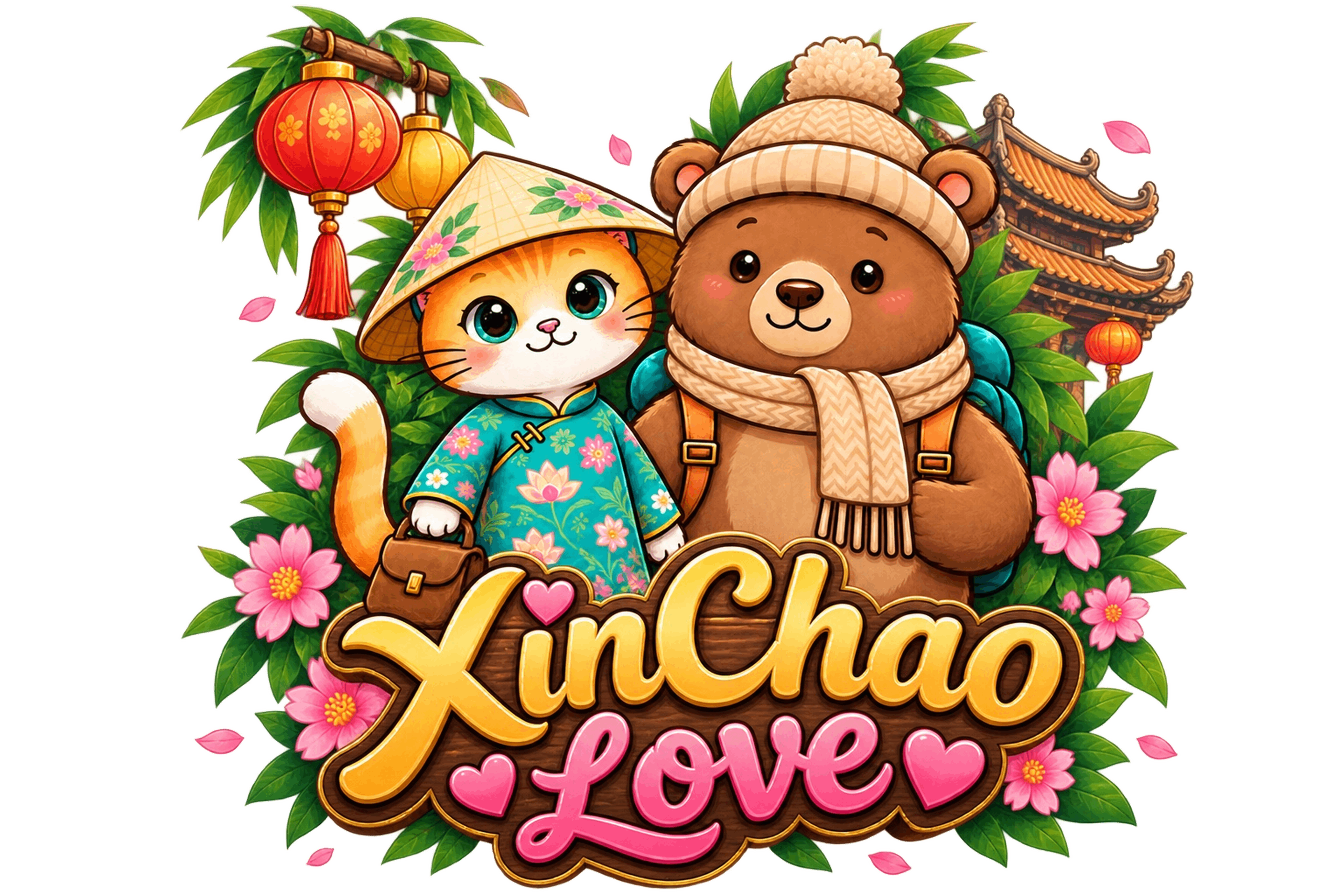 Cute Vietnamese cat and bear love travel
