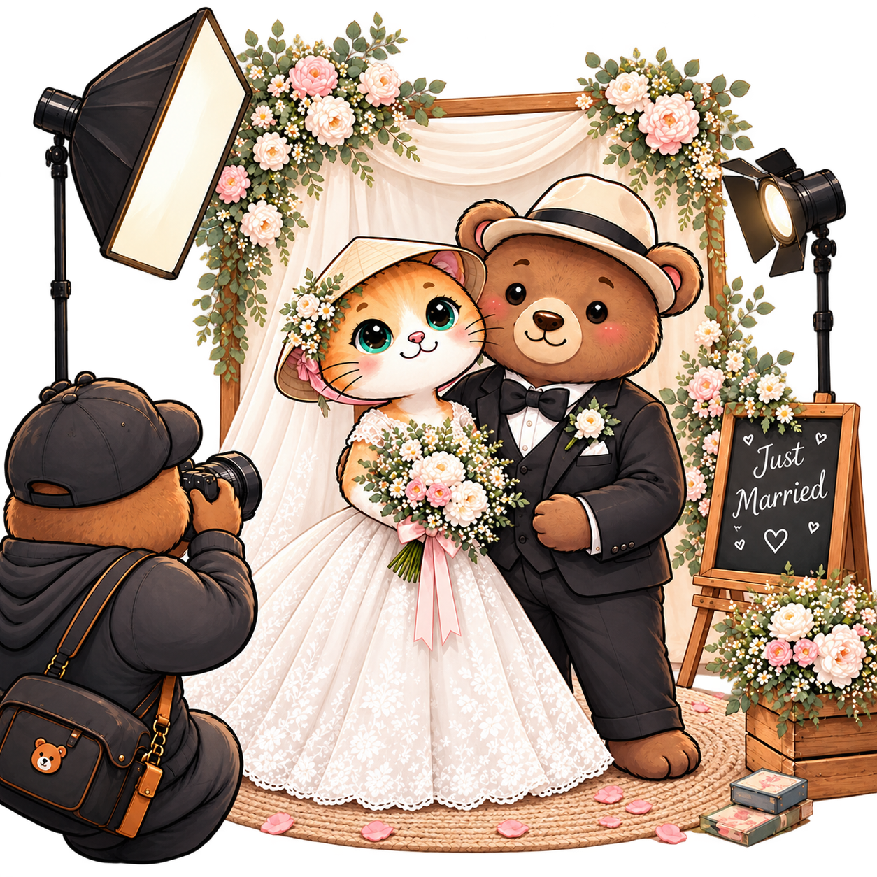 Cute wedding cat and bear photographer newlywed