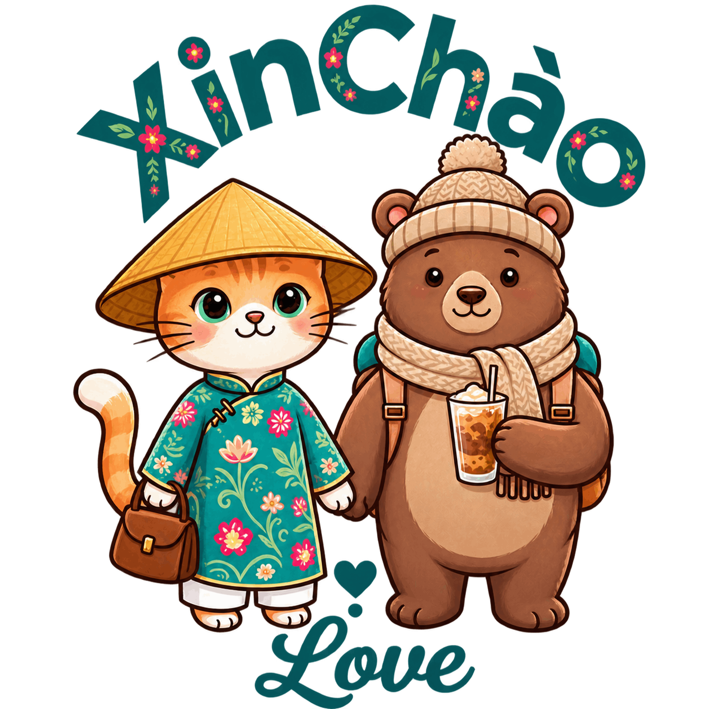 Cute Vietnam Travel Cat and Bear Bubble Tea Boba Lover