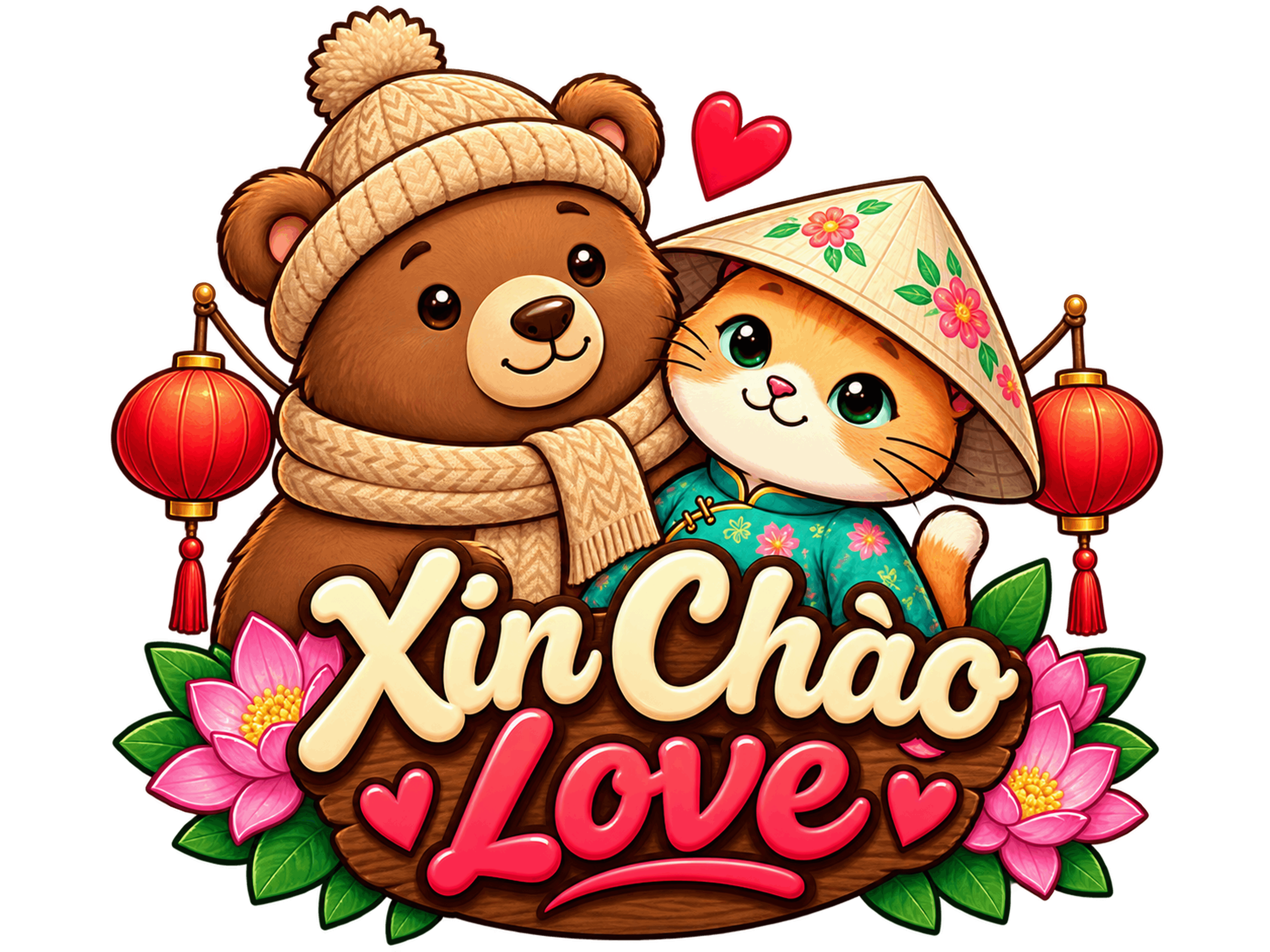 Xin Chào Love cute Vietnamese couple cat bear