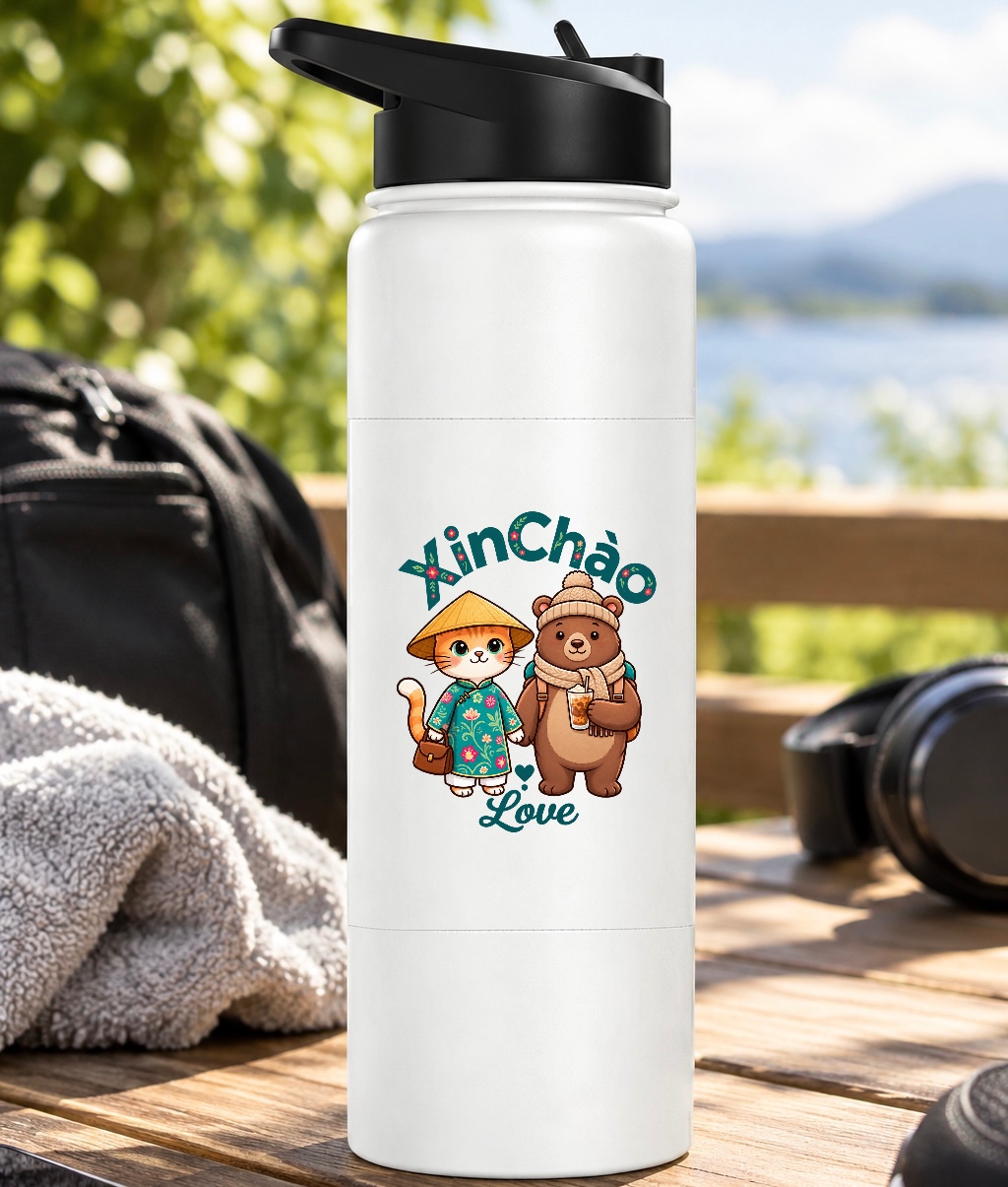 Vietnam Cat & Bear Boba Water Bottle | XinChao.Asia