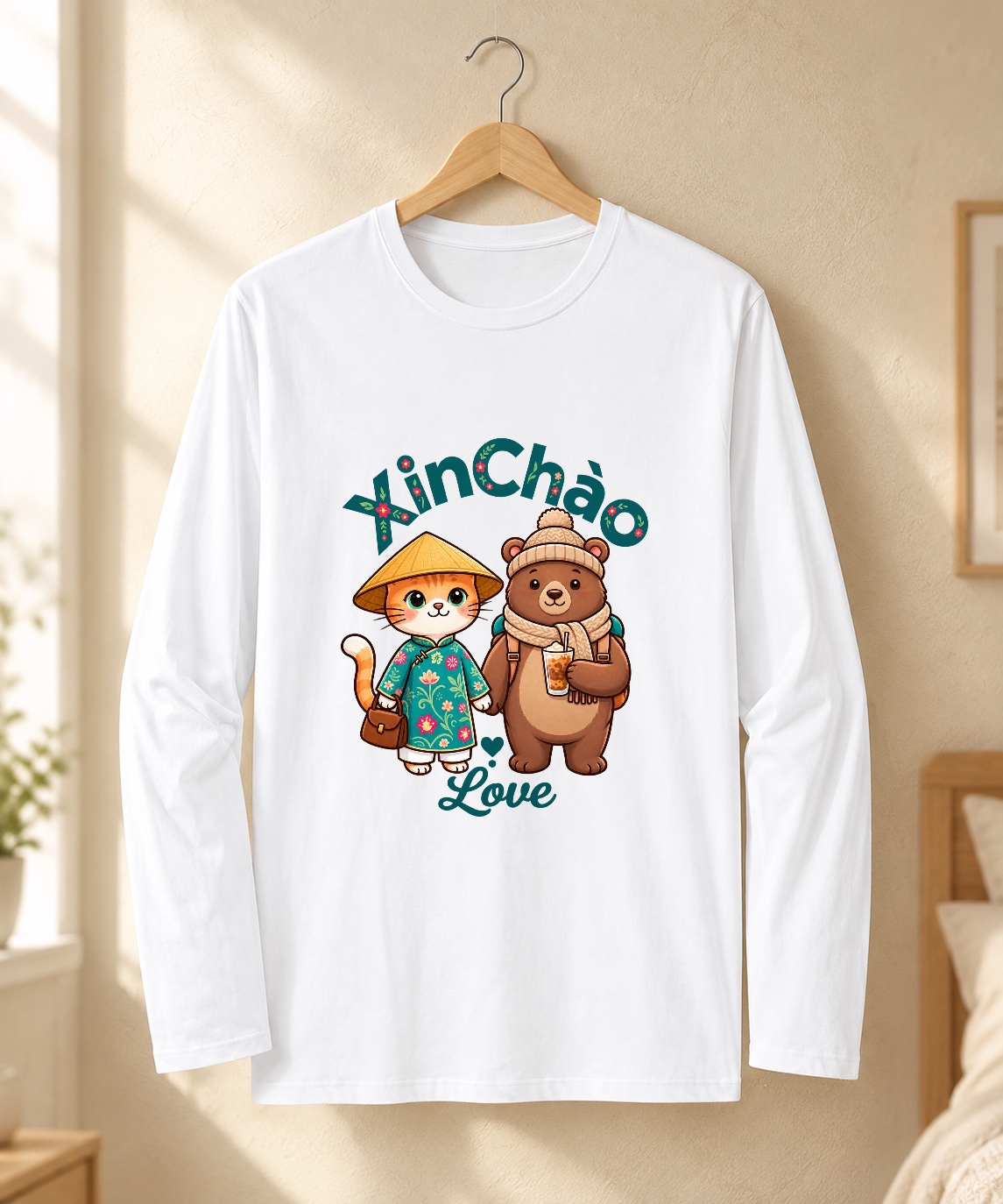 Vietnam Travel Cat Long Sleeve Shirt | Cute Boba Bear Tee