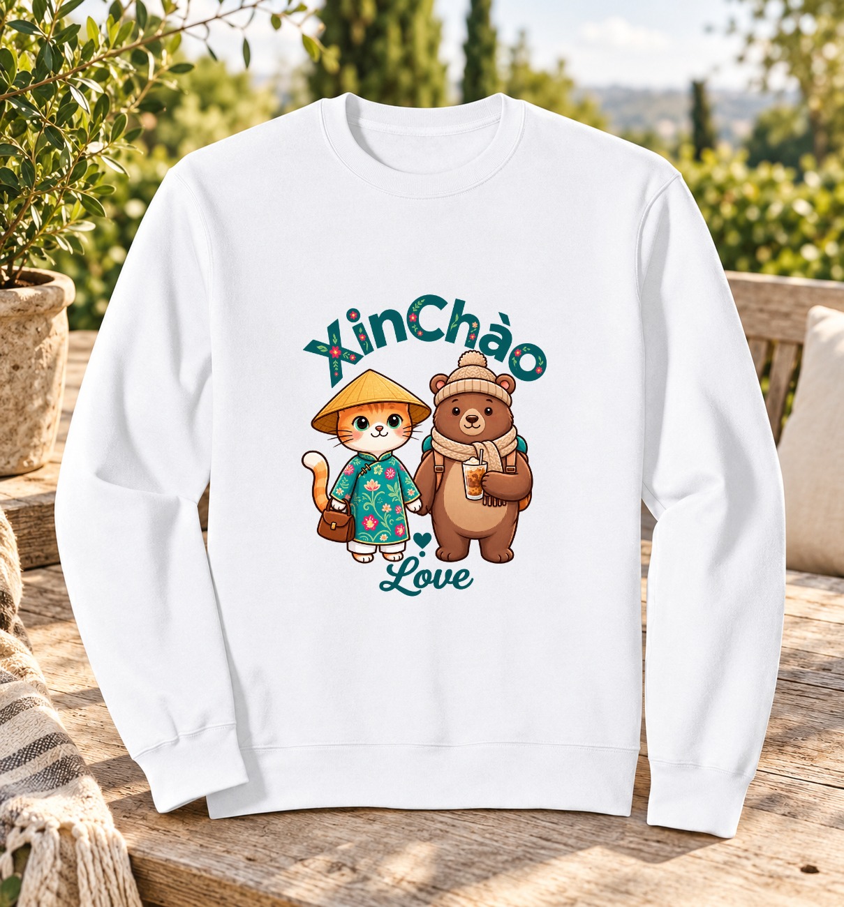 XinChao.Asia Cute Vietnam Travel Cat and Bear Boba Sweatshirt