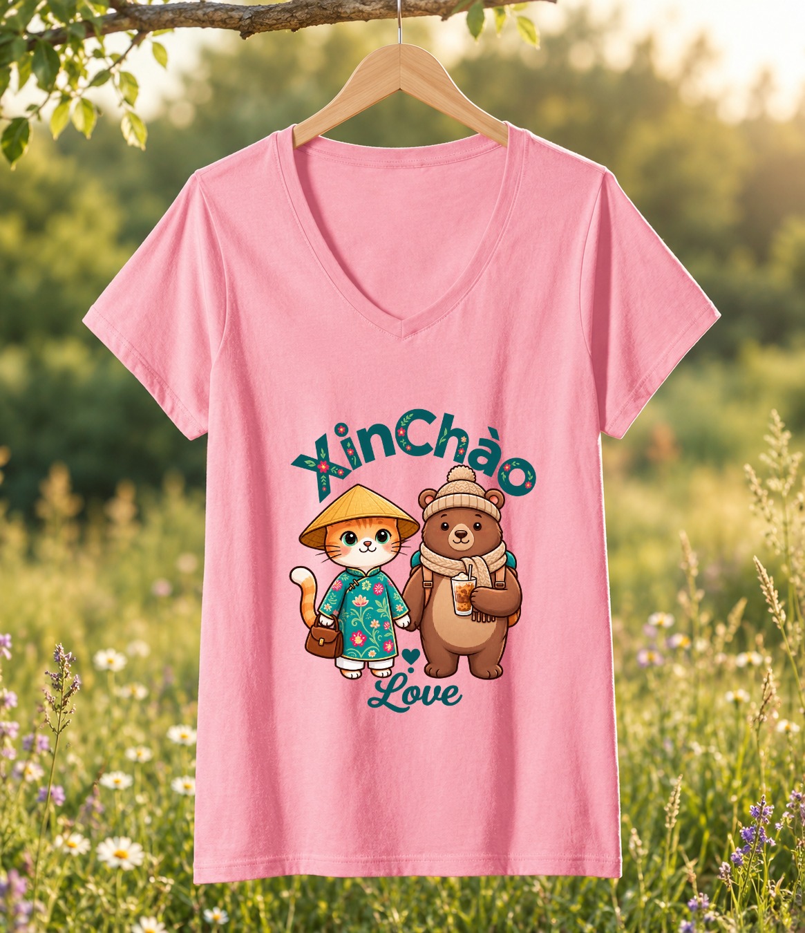 Vietnam Travel Cat V-Neck T-Shirt | Cute Boba Bear Tee