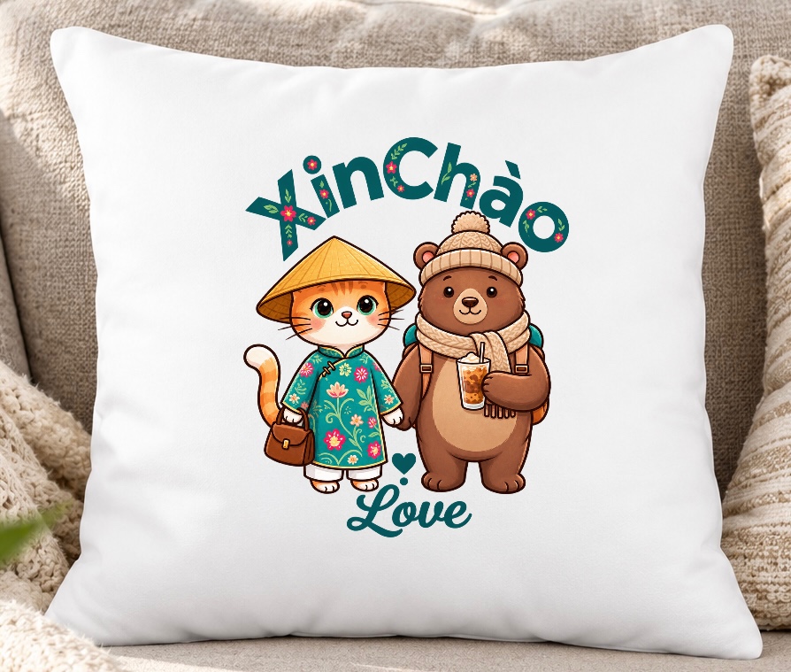 Vietnam Travel Cat & Bear Boba Pillow | Cute Home Decor