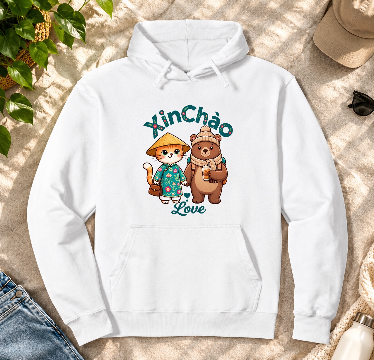 XinChao.Asia Boba Cat & Bear Hoodie, Cute Vietnam Travel Pullover