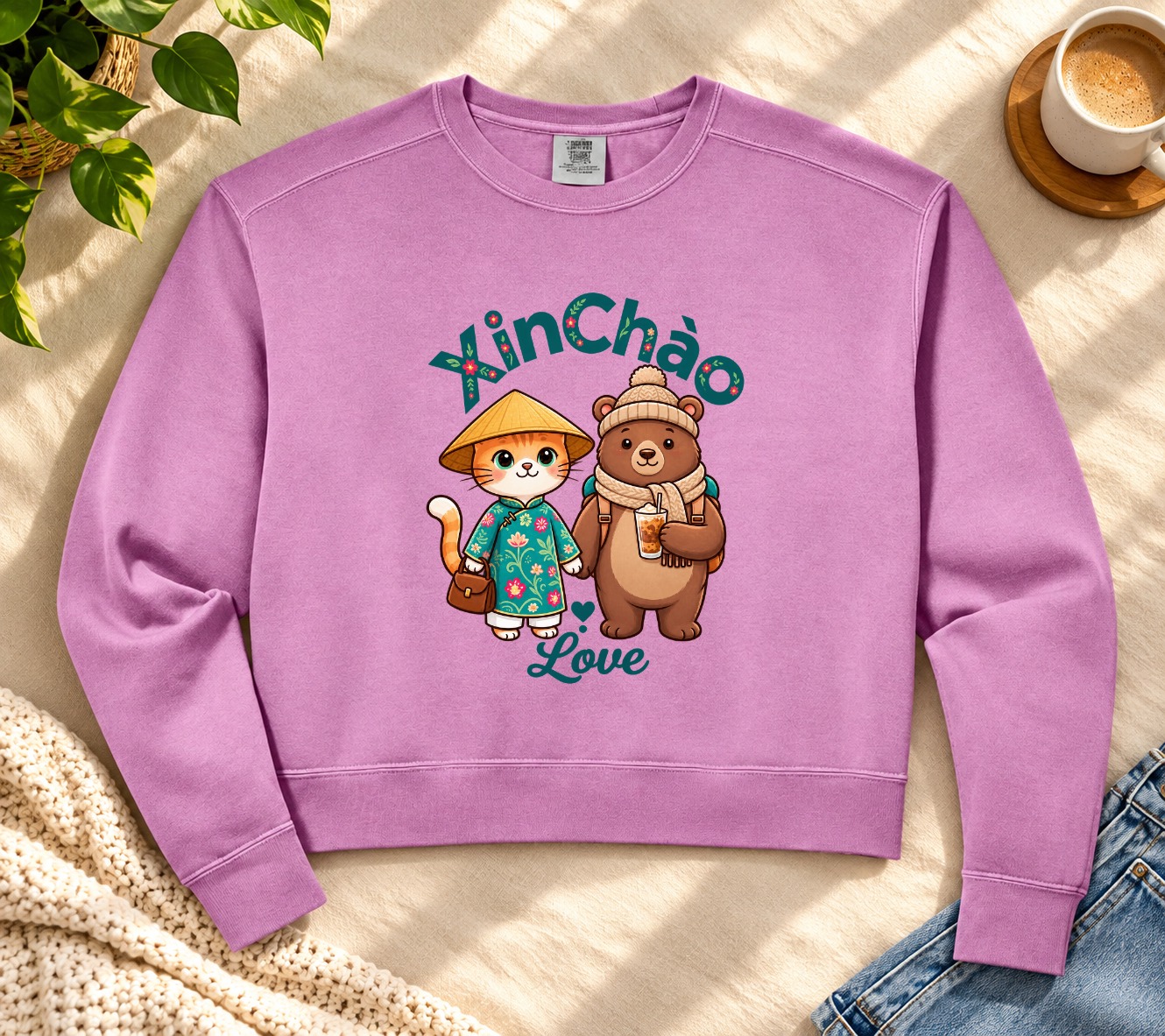 XinChao.Asia Boba Cat Crop Sweatshirt - Cute Vietnam Travel