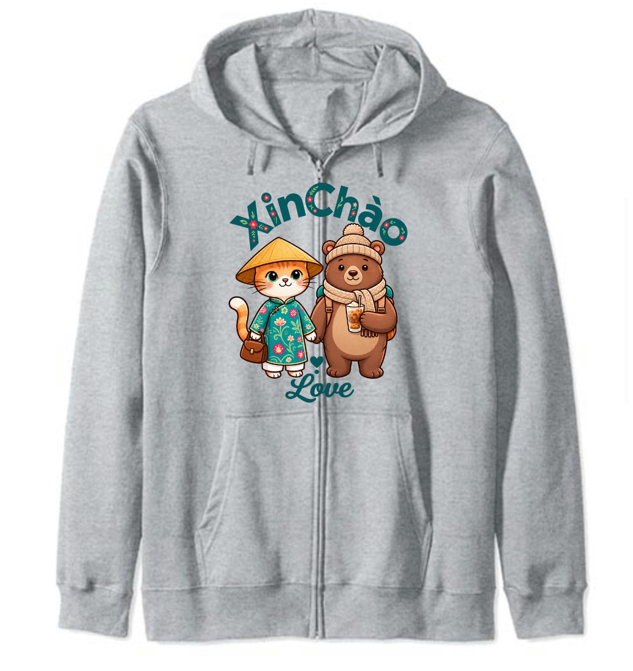XinChao.Asia Boba Cat & Bear Zip Hoodie | Cute Vietnam Travel