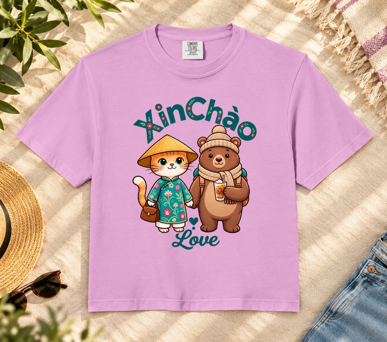 XinChao.Asia Boba Cat Crop Top - Cute Vietnam Travel Shirt