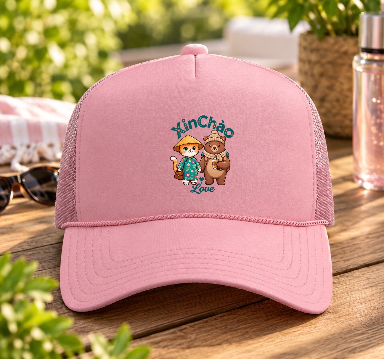 XinChao.Asia Cute Vietnam Travel Cat and Bear Trucker Hat