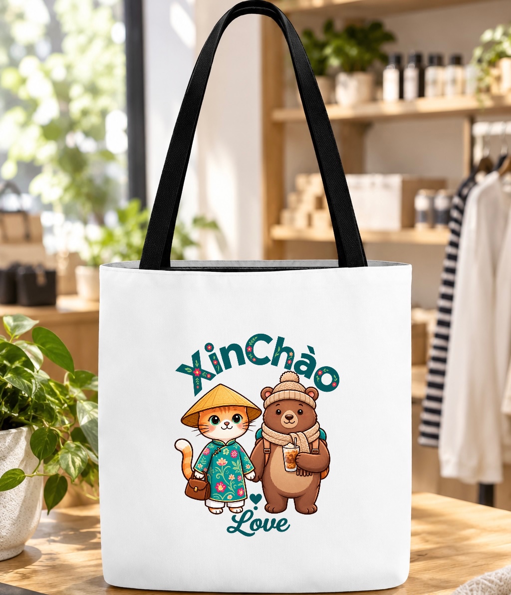 Vietnam Cat & Bear Tote Bag Cute Boba Travel Canvas Bag