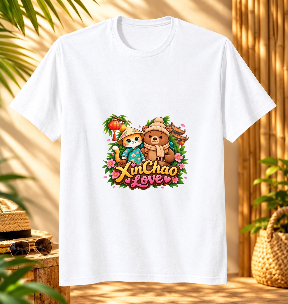 Cute Cat and Bear Travel T-Shirt - XinChao.Asia Vietnam Tee
