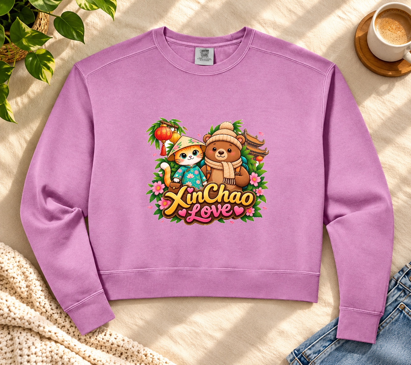 XinChao.Asia Cute Cat & Bear Crop Sweatshirt, Travel Hoodie
