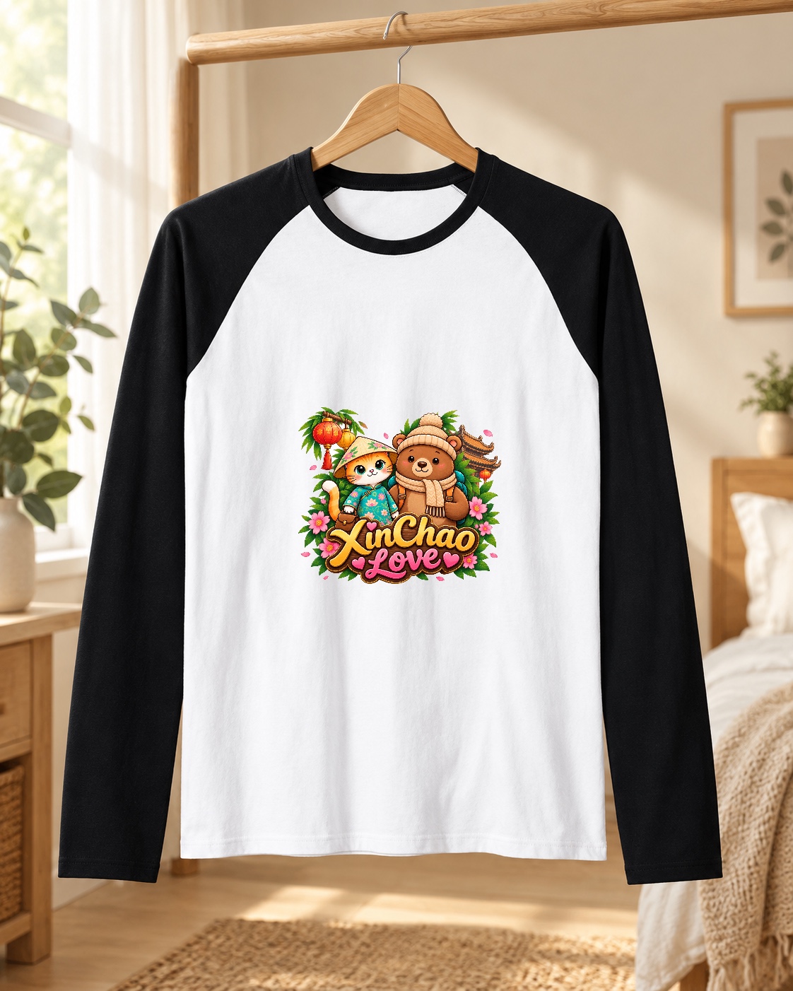 XinChao.Asia Cute Travel Cat & Bear Raglan T-Shirt