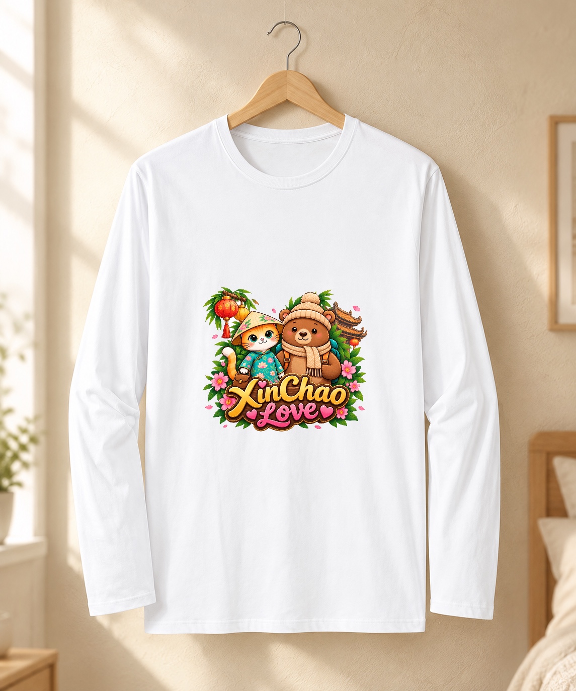 XinChao.Asia Cute Travel Cat & Bear Long Sleeve T-Shirt