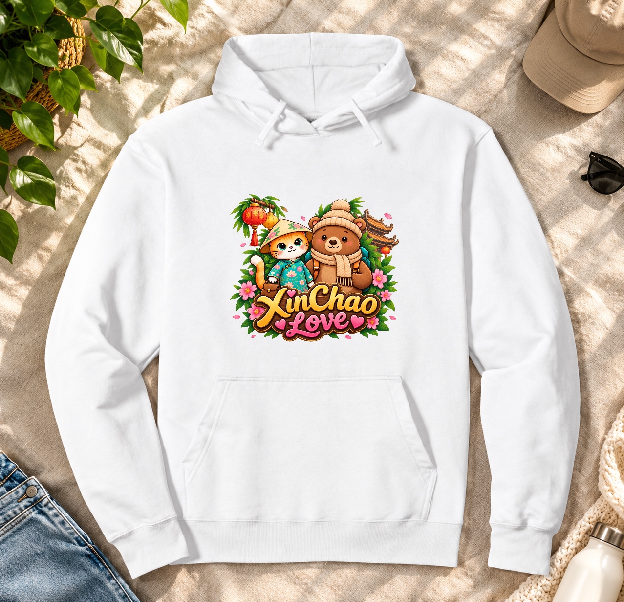 XinChao.Asia Cute Travel Cat & Bear Hoodie | Cozy Pullover