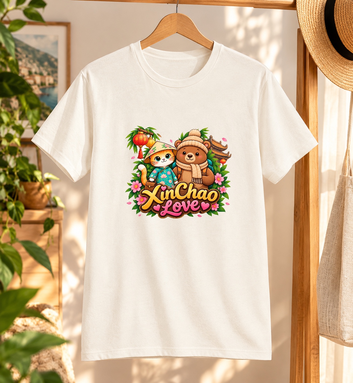 Cute Vietnamese Cat & Bear Travel T-Shirt | XinChao.Asia Tee