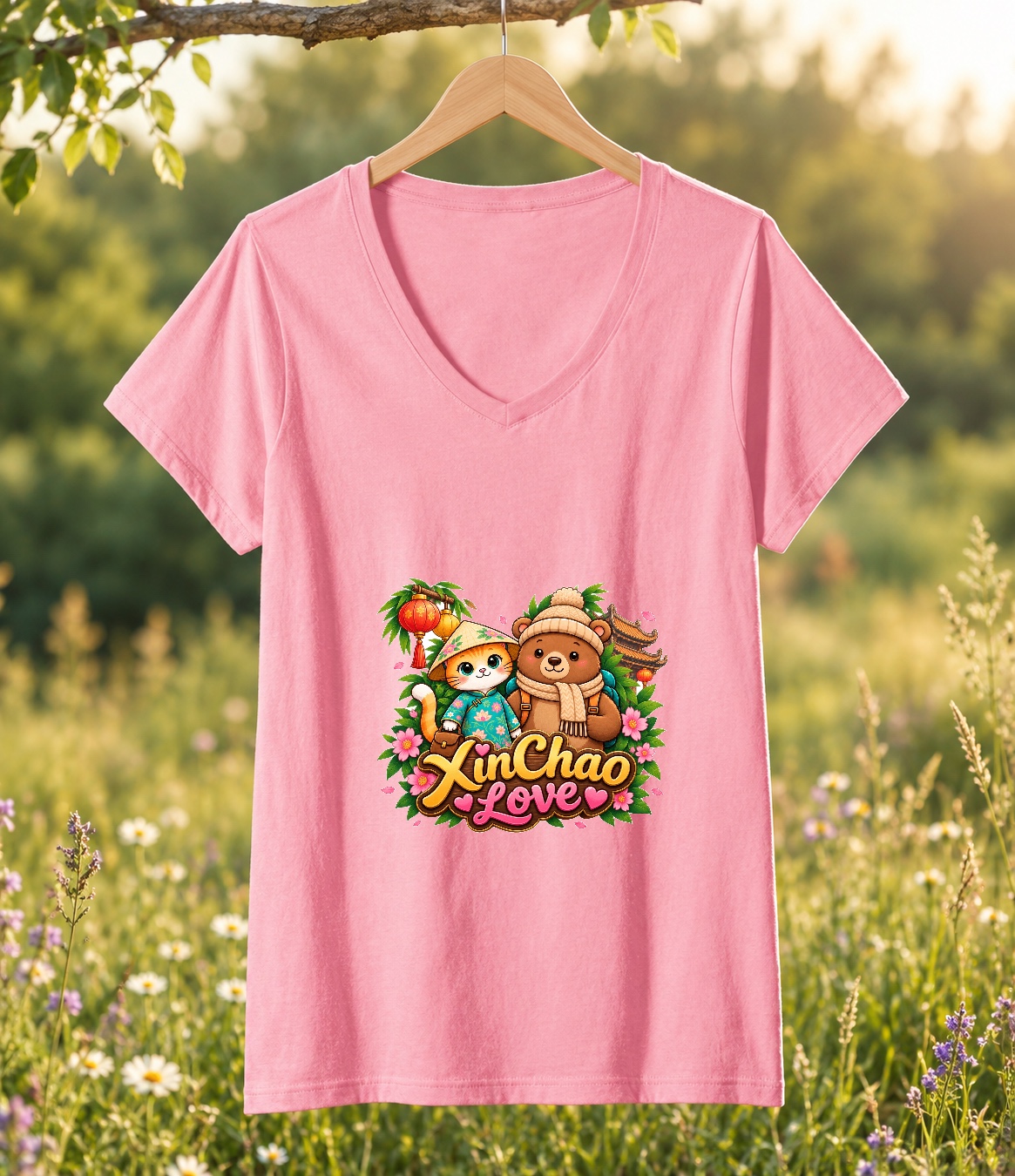 XinChao.Asia Cute Vietnamese Cat and Bear Travel V-Neck T-Shirt