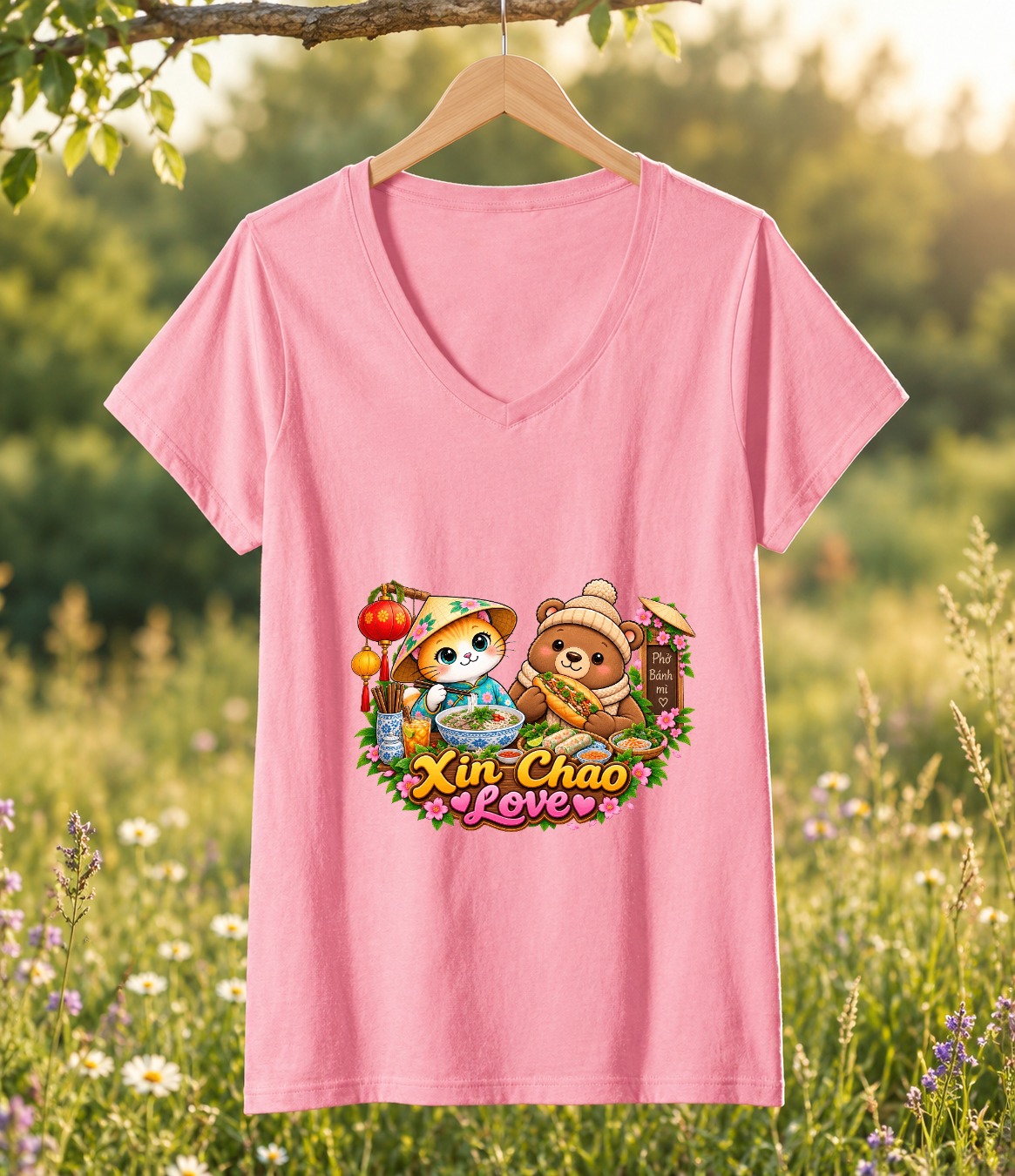 XinChao.Asia Vietnamese Food Cat & Bear V-Neck T-Shirt