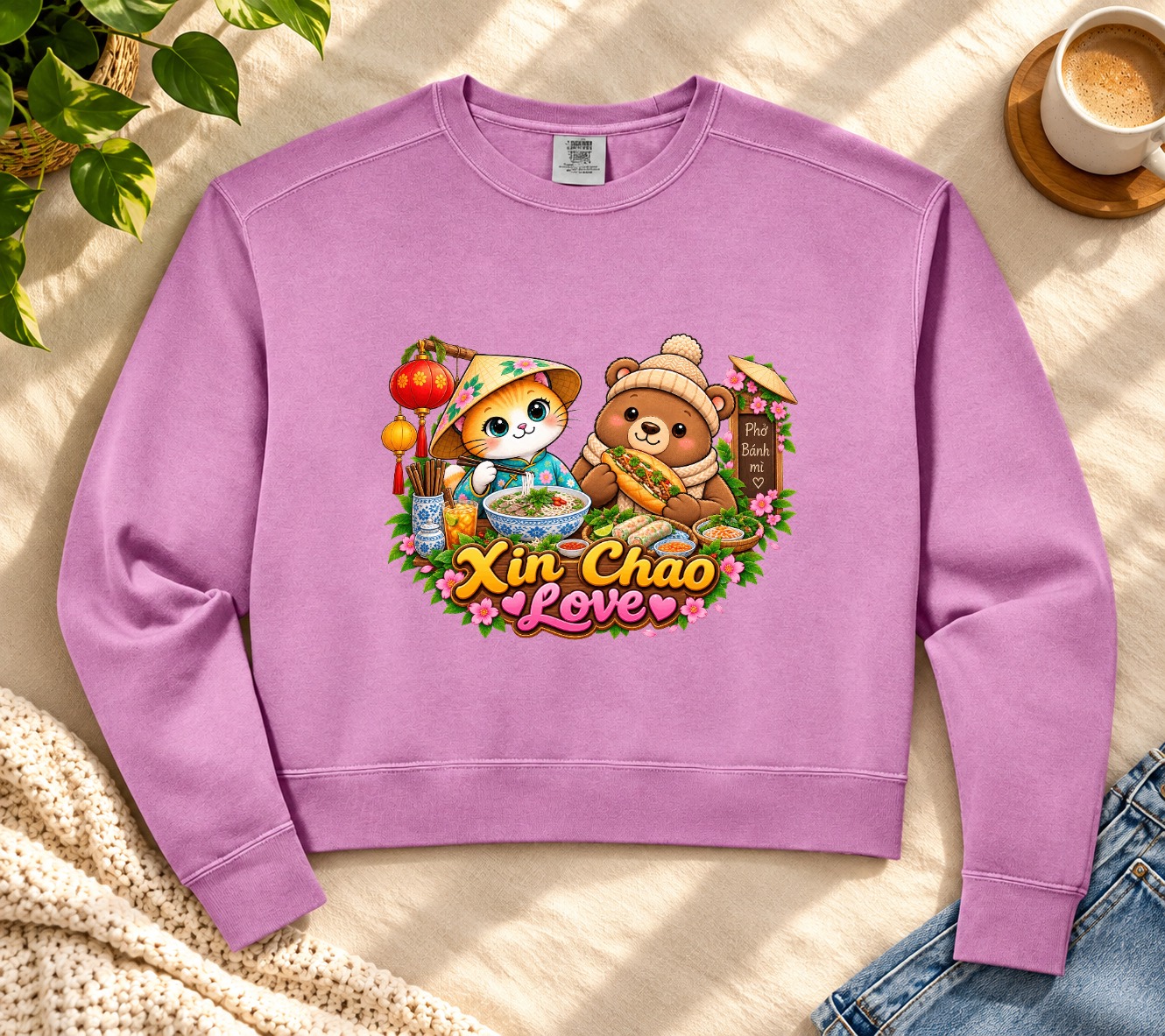 XinChao.Asia Vietnamese Food Crop Sweatshirt, Cute Cat & Bear