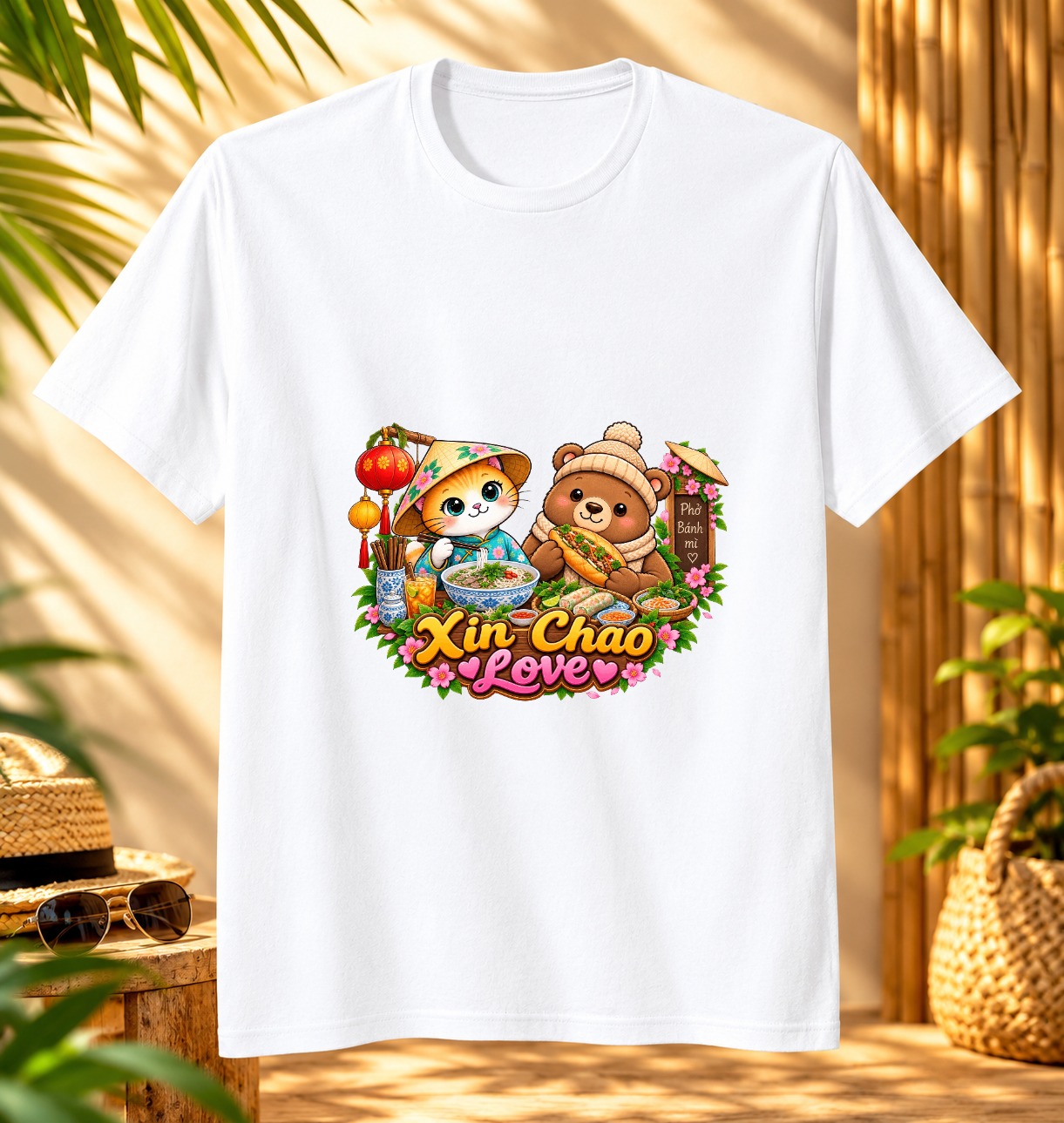 XinChao.Asia Vietnamese Food Cat & Bear T-Shirt