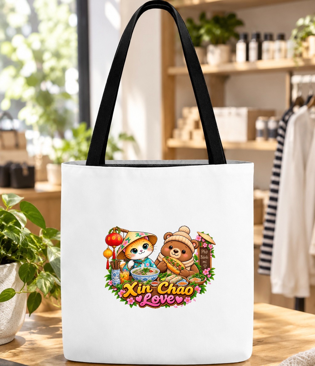 XinChao.Asia Vietnamese Food Tote Bag - Cute Cat & Bear Bag