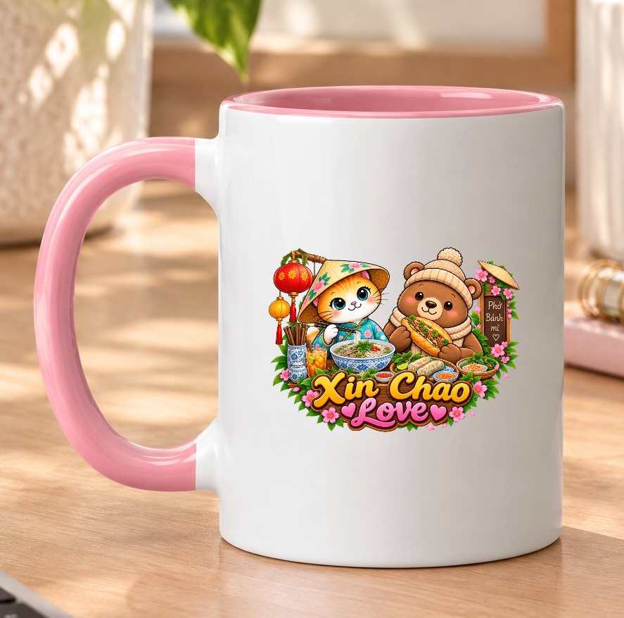 Vietnamese Food Ceramic Mug - Cute Cat & Bear Asian Cuisine Cup