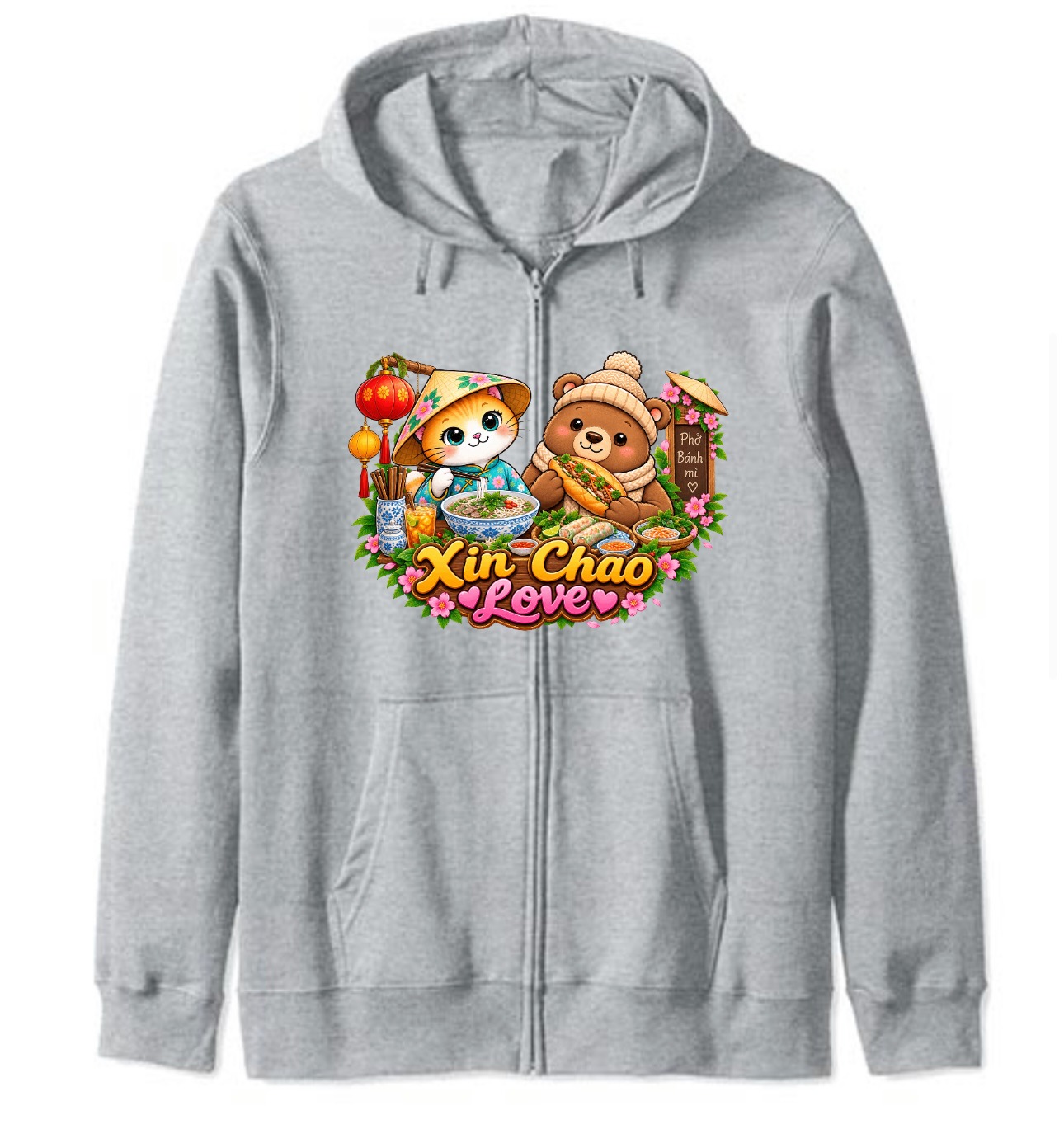 XinChao.Asia Vietnamese Food Cat & Bear Zip Hoodie