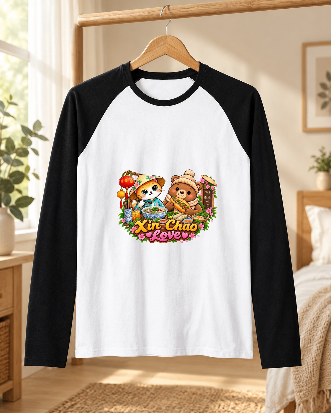 XinChao.Asia Vietnamese Food Cat & Bear Raglan T-Shirt