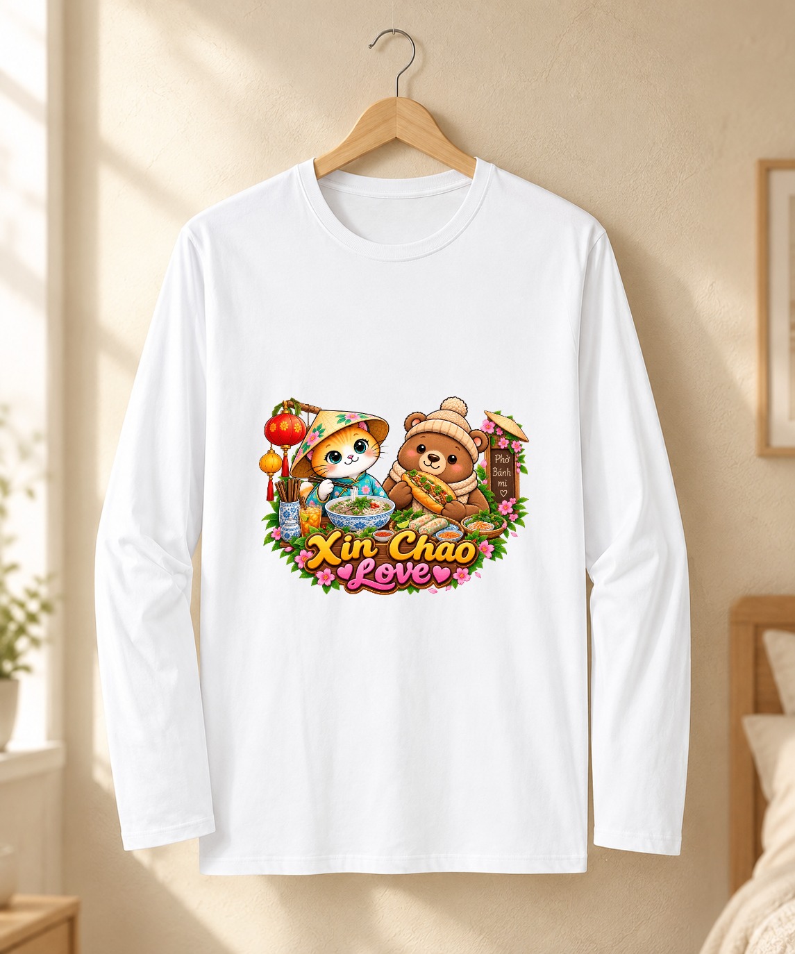 XinChao.Asia Vietnamese Food Cat & Bear Long Sleeve T-Shirt