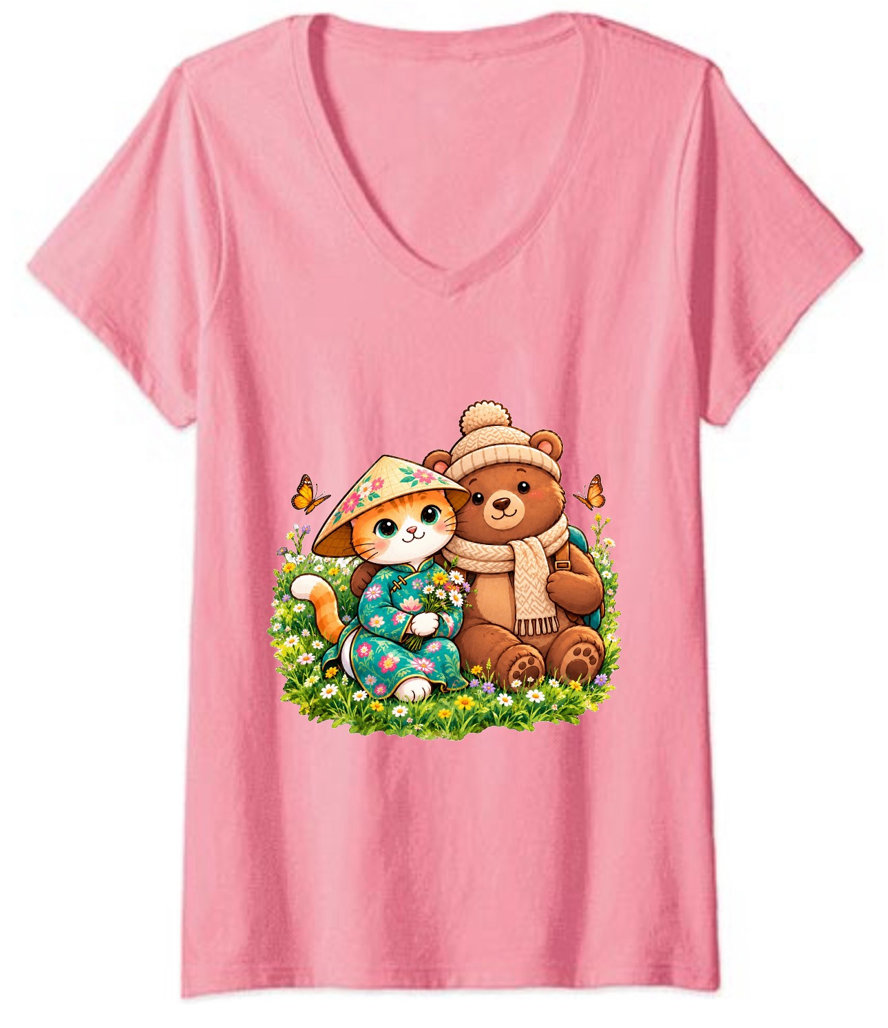 XinChao.Asia Vietnamese Cat & Bear V-Neck T-Shirt for Couples