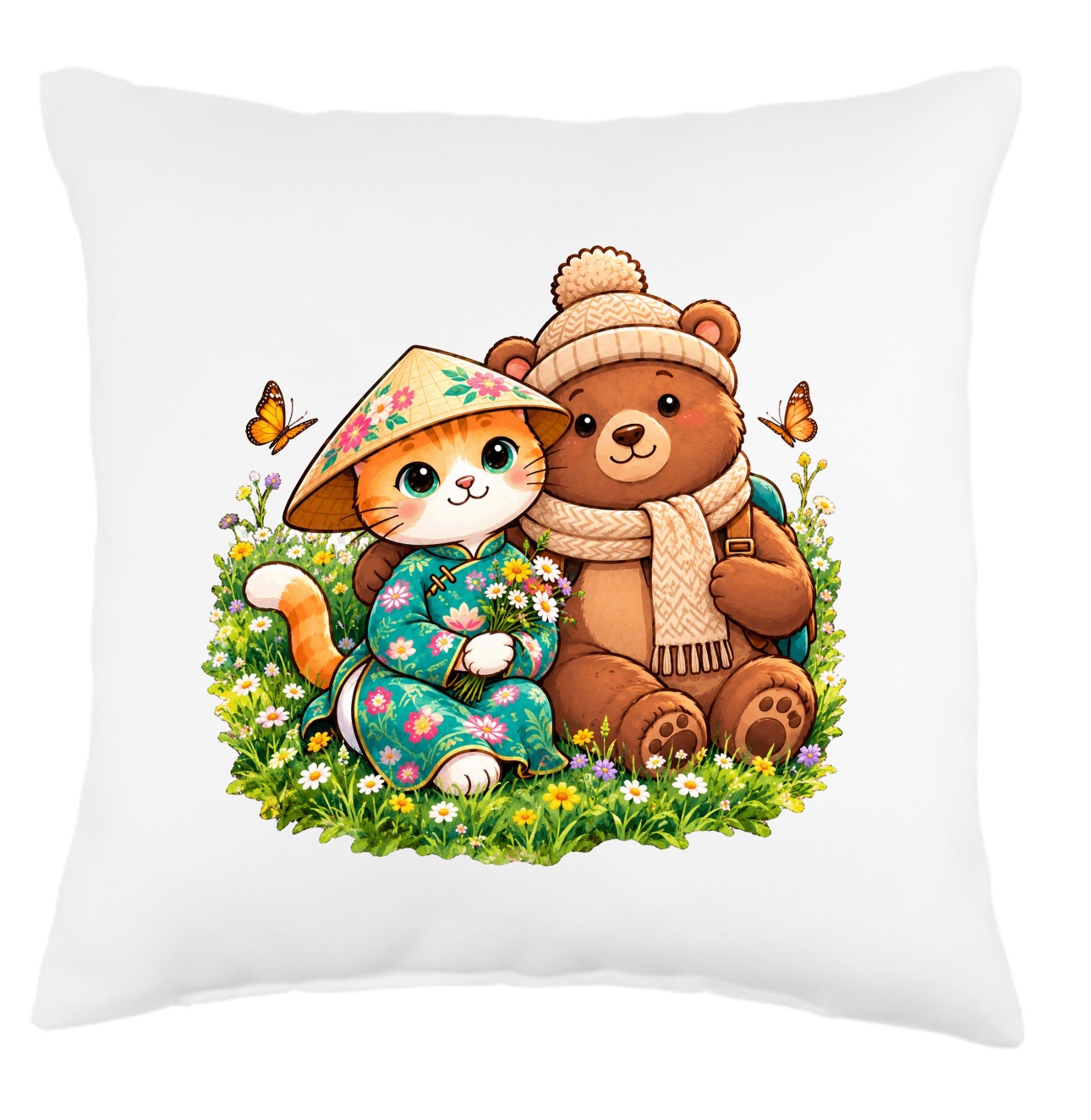 XinChao.Asia Travel Cat & Bear Throw Pillow – Cozy Home Decor