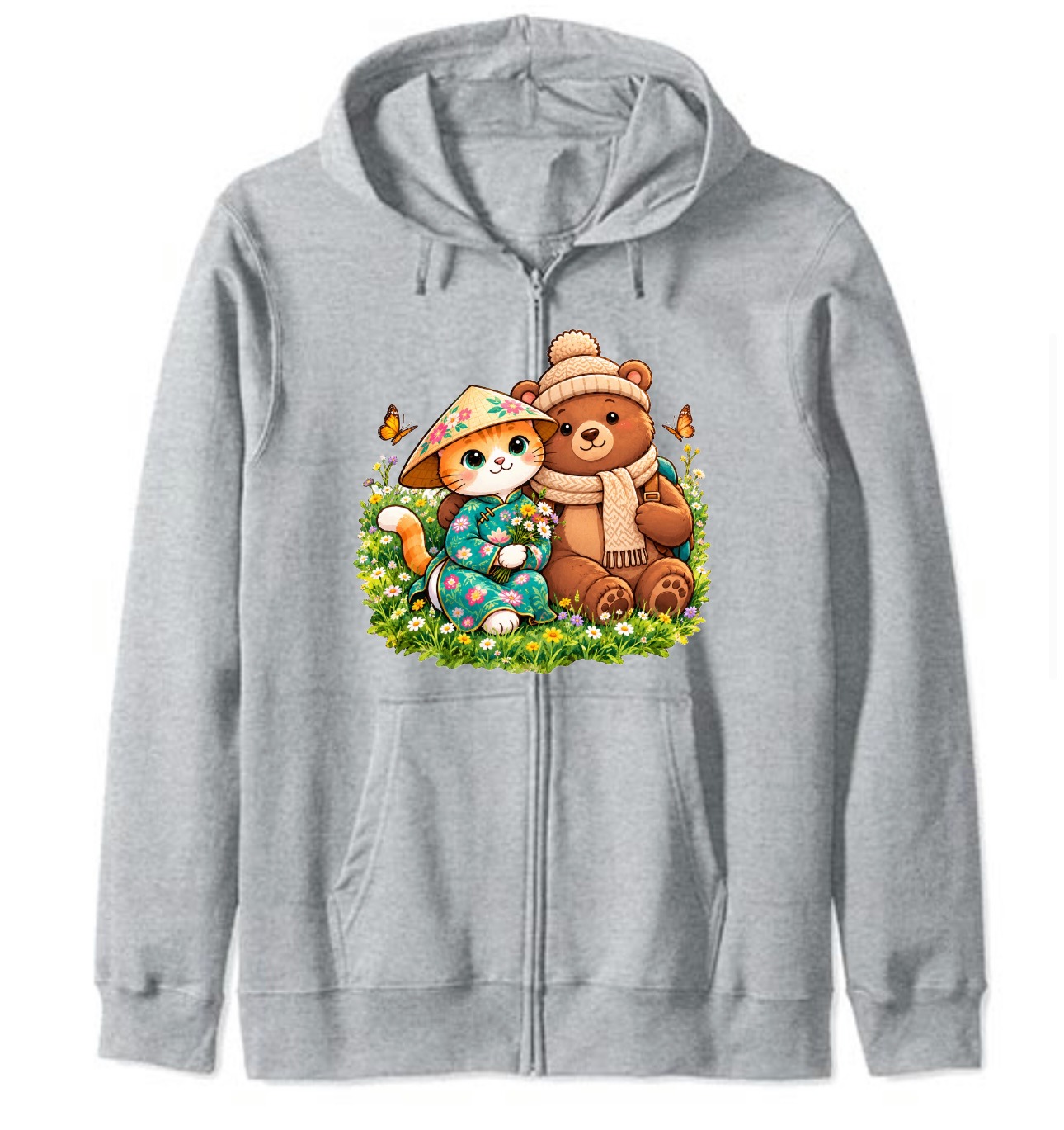 XinChao.Asia Cute Cat & Bear Zip Hoodie | Vietnamese Travel Hoodie