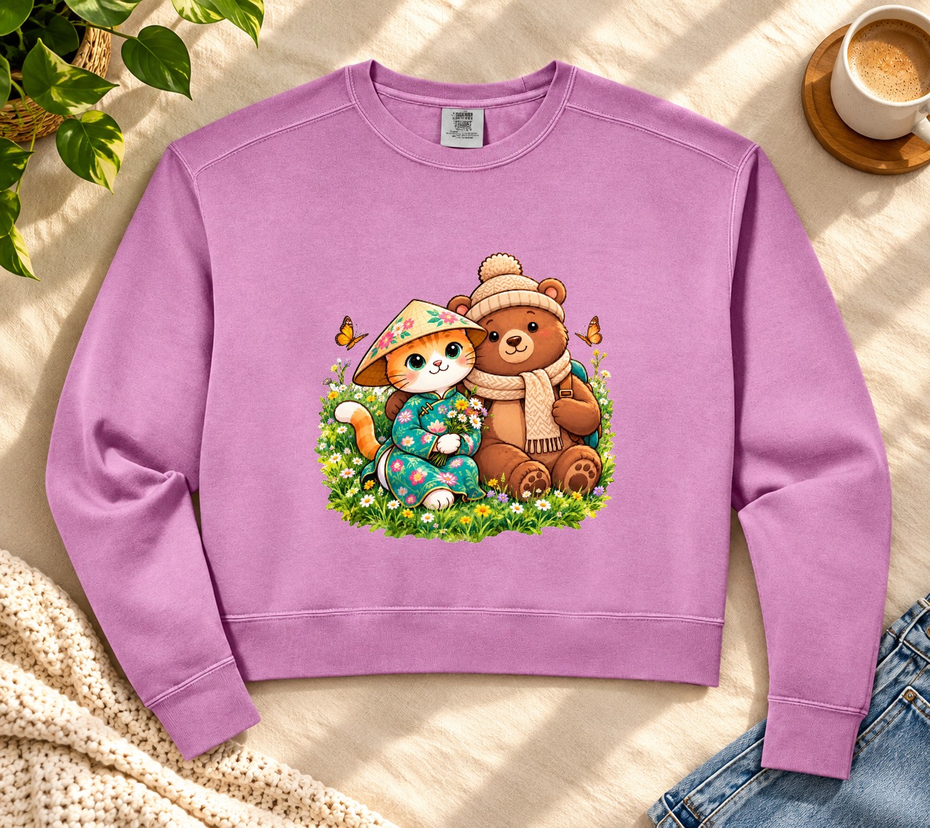 XinChao.Asia Cat & Bear Crop Sweatshirt | Cute Travel Hoodie