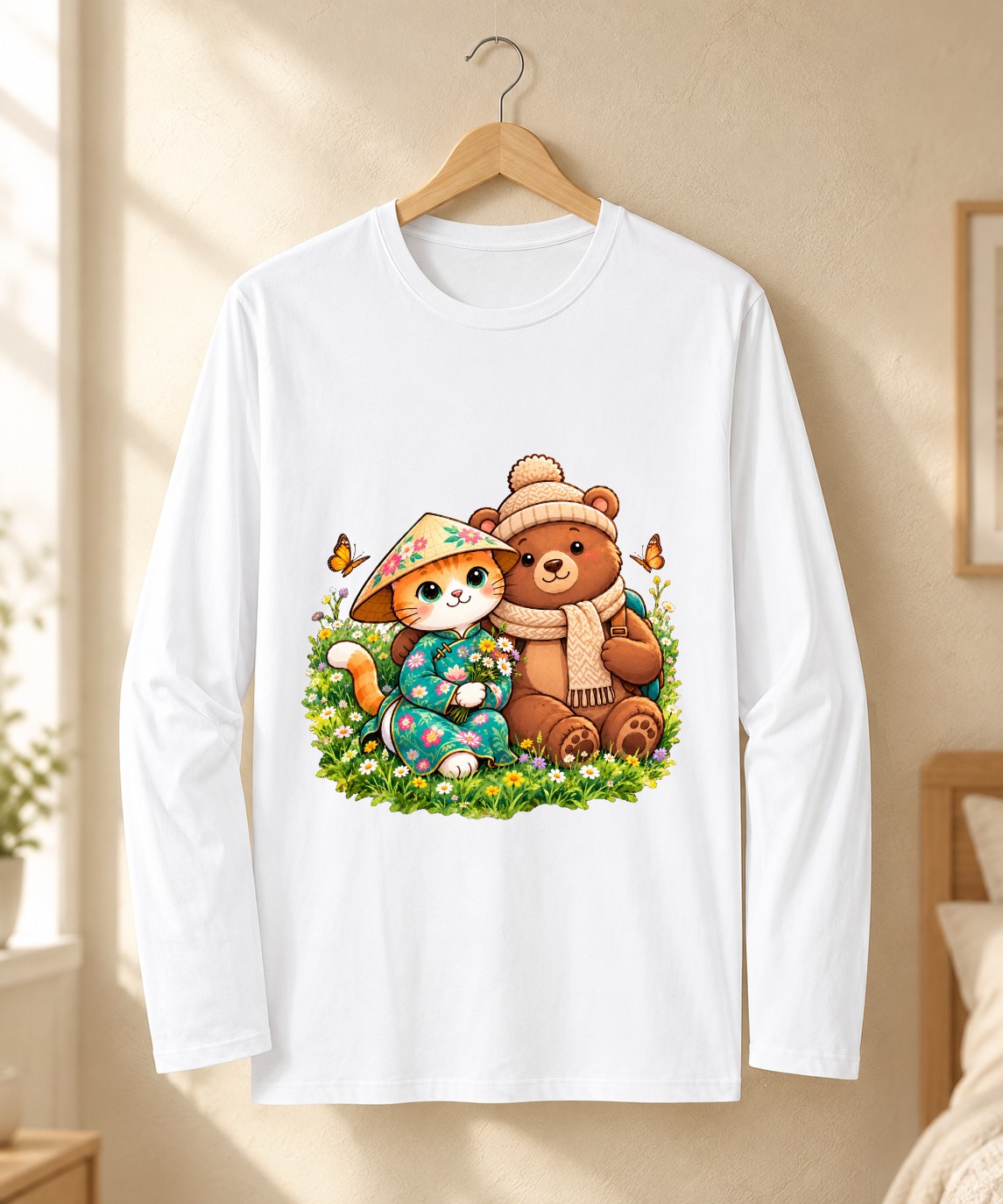 XinChao.Asia Vietnamese Cat & Bear Couple Long Sleeve T-Shirt