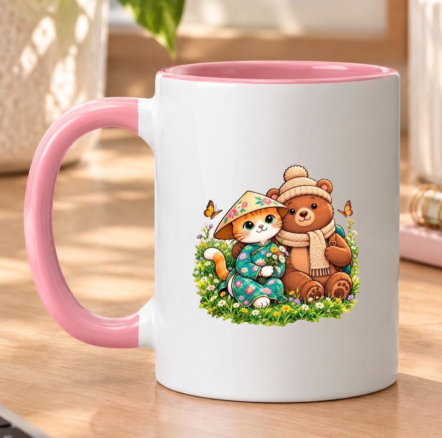 Vietnamese Cat & Bear Mug - Cute Travel Ceramic Coffee Cup