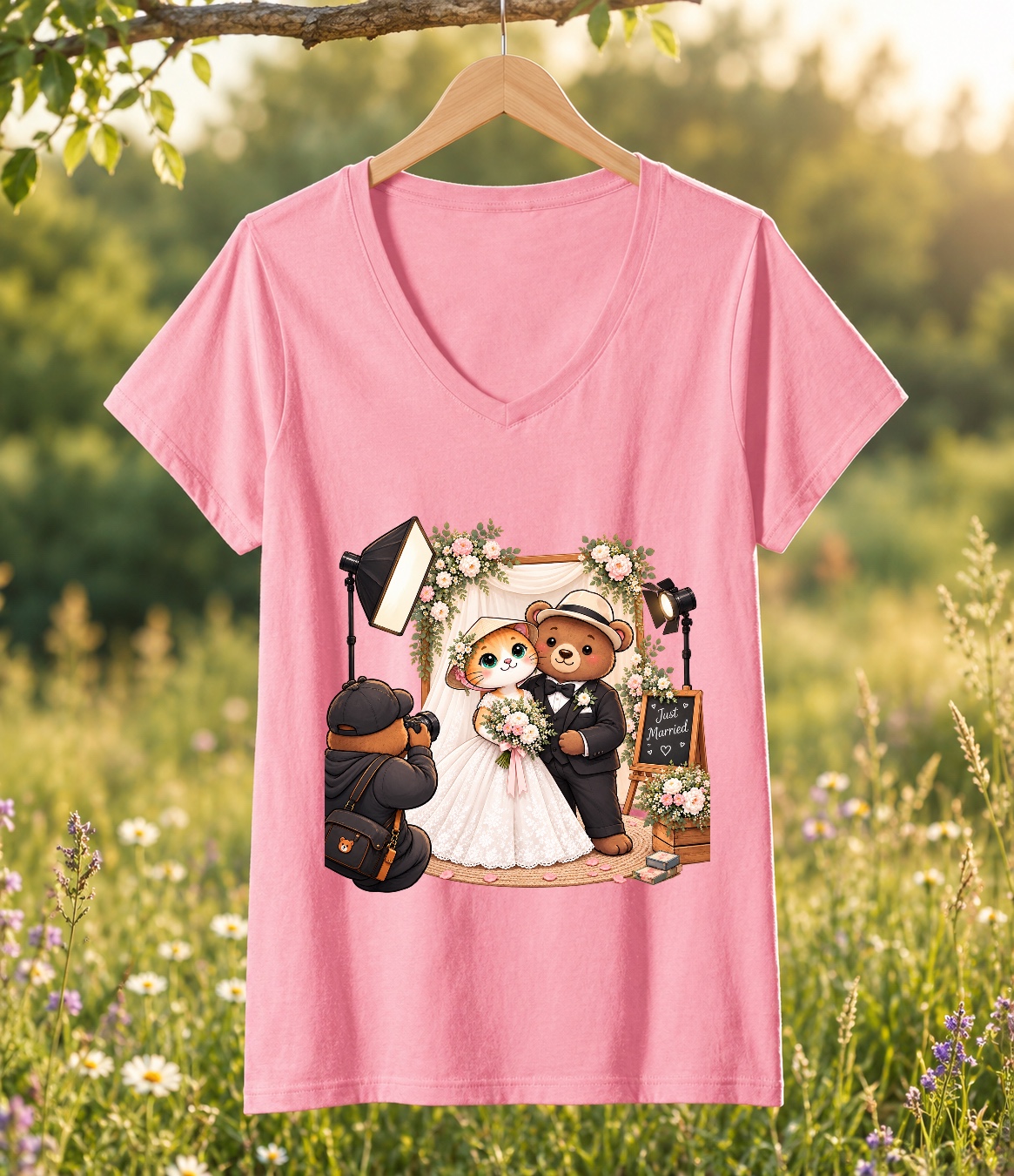 XinChao.Asia Cute Wedding Cat & Bear V-Neck T-Shirt for Newlyweds