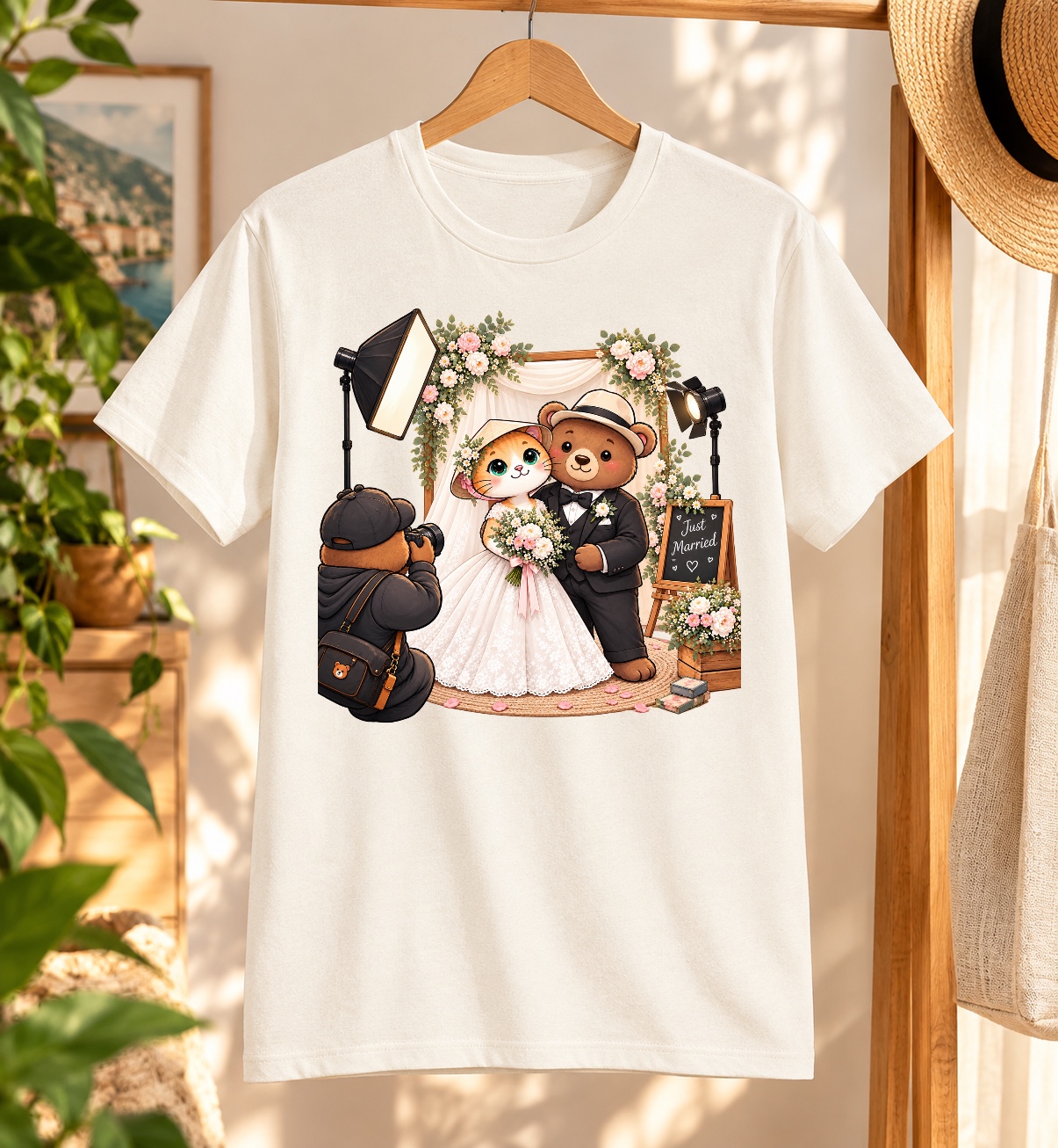 Cute Wedding Cat & Bear T-Shirt | XinChao.Asia Newlywed Tee
