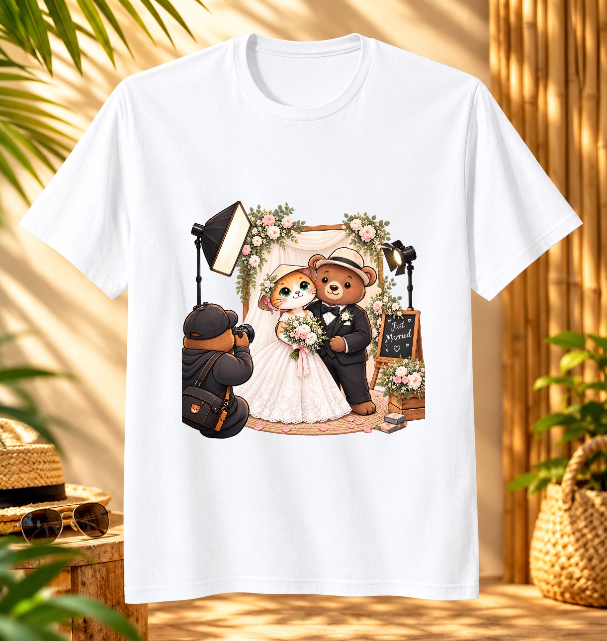 XinChao.Asia Wedding Cat & Bear T-Shirt - Cute Newlywed Tee