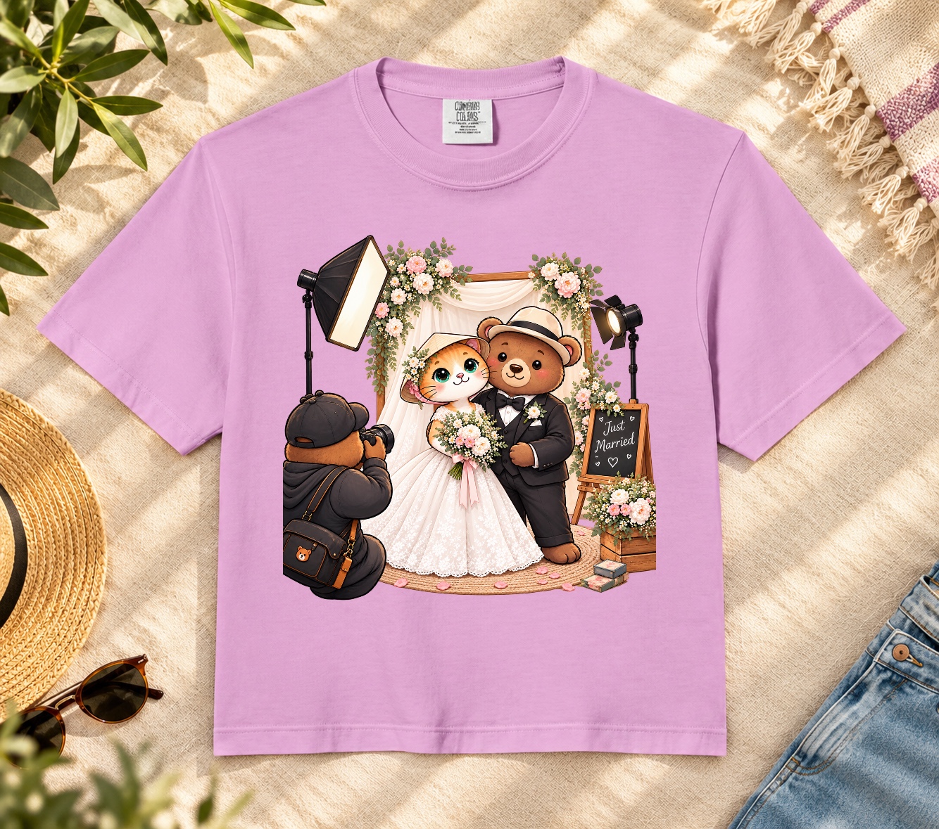 Cute Wedding Cat & Bear Crop Top | XinChao.Asia Newlywed Tee