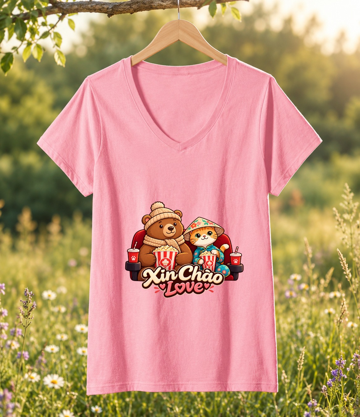 XinChao.Asia Cute Travel Cat V-Neck T-Shirt for Couples