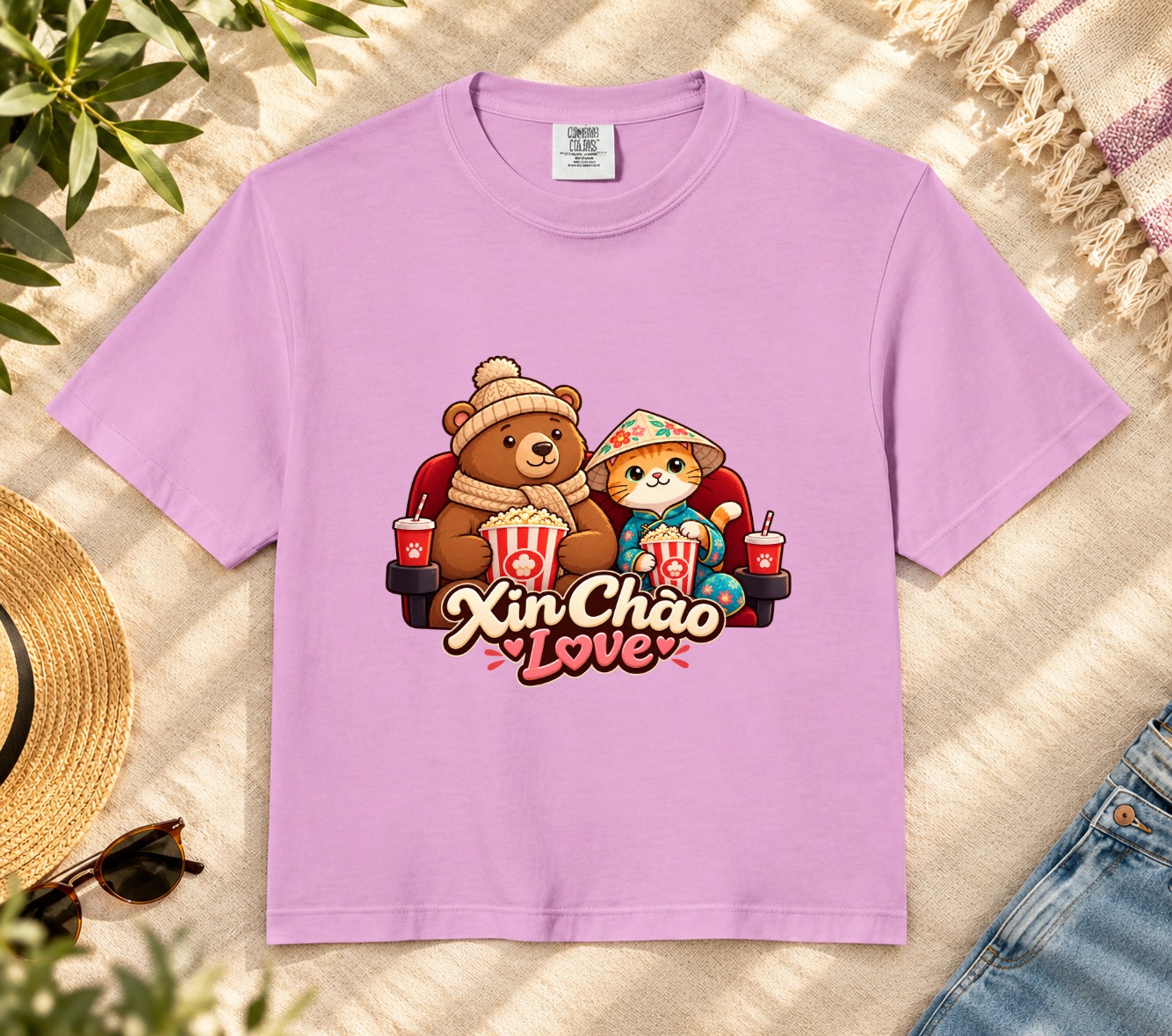 XinChao.Asia Cute Couple Crop Top - Travel Cat & Bear Tee