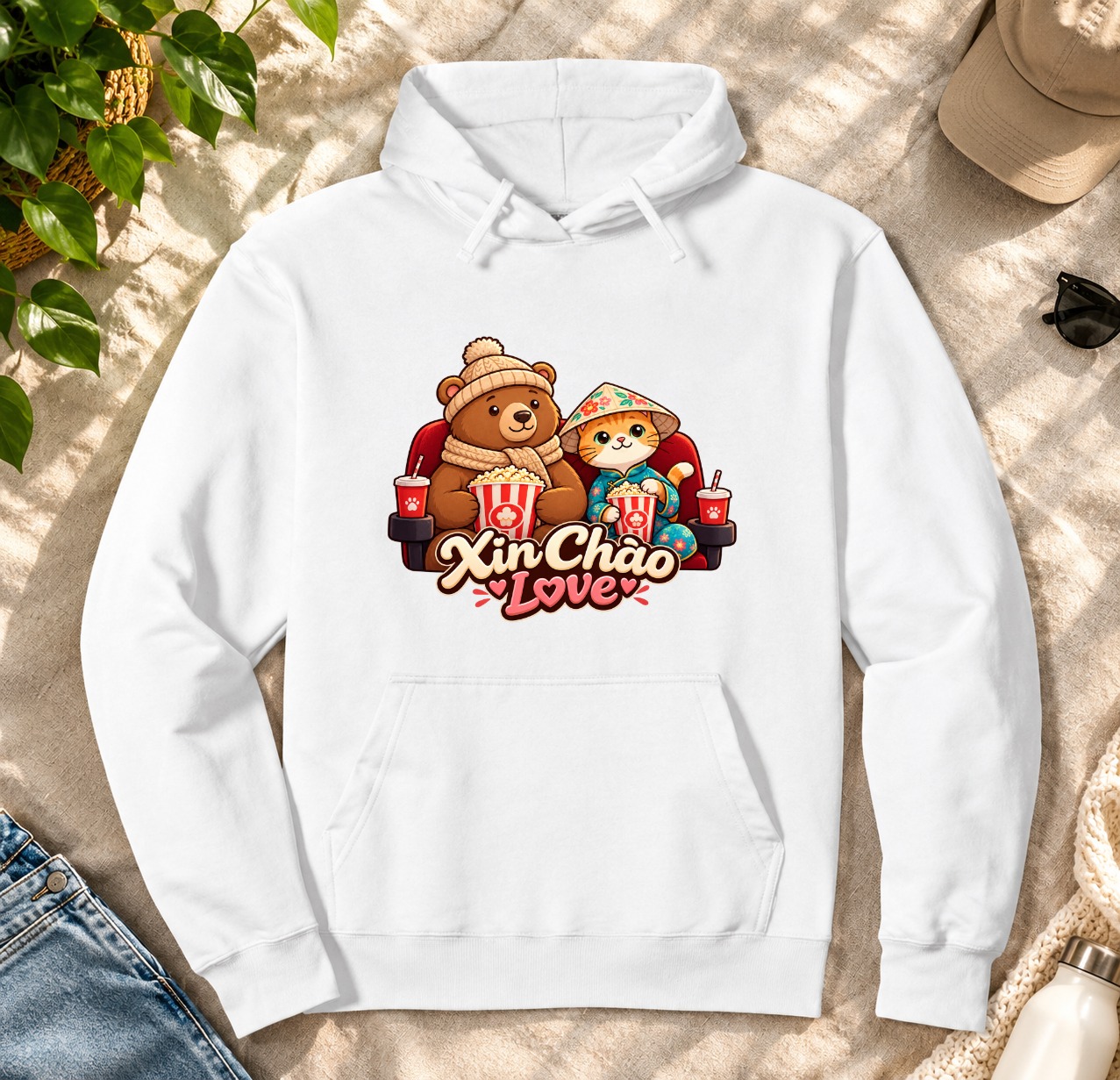 XinChao.Asia Vietnamese Cat & Bear Couple Hoodie - Valentine Gift