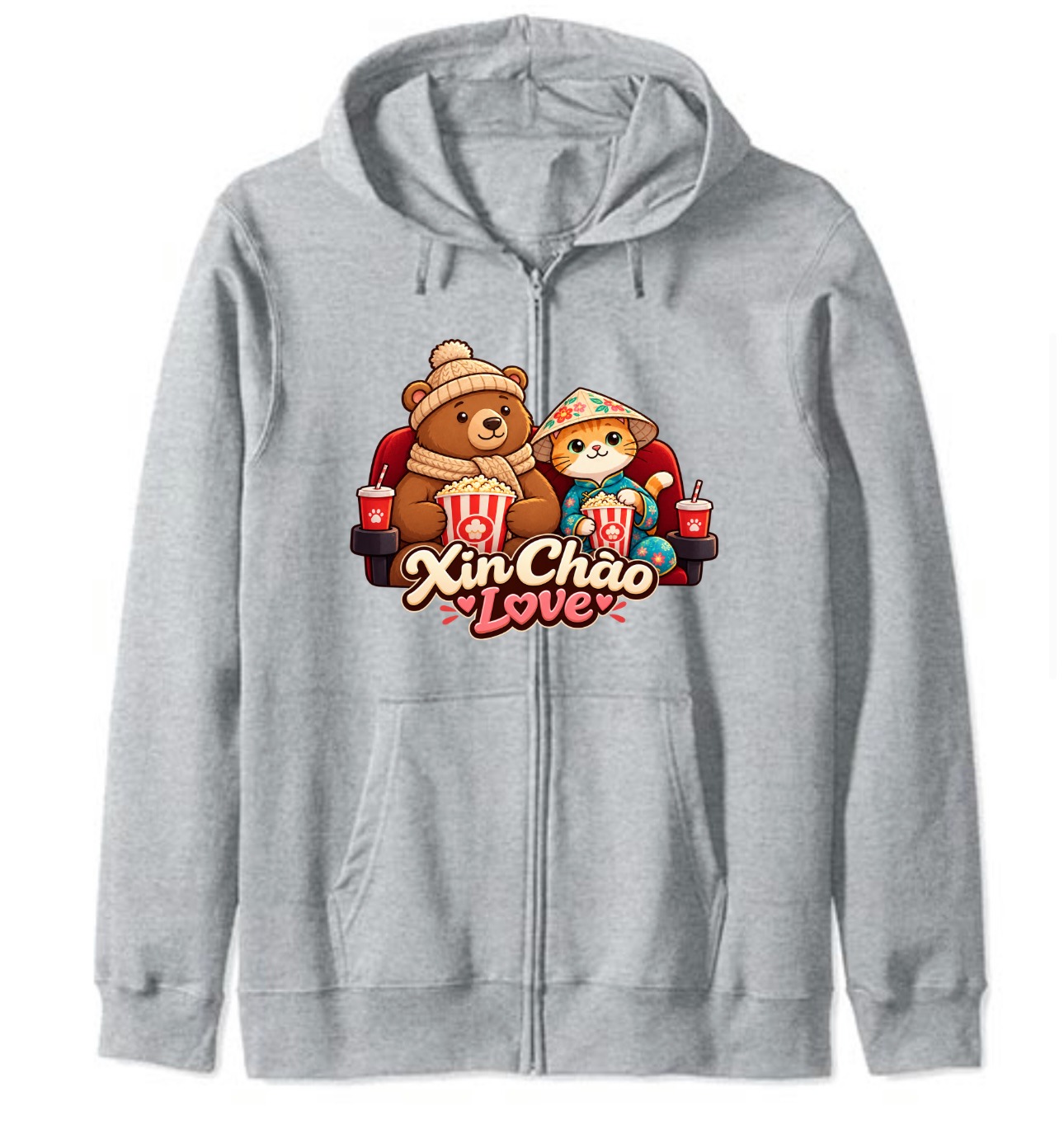 XinChao.Asia Cute Cat & Bear Zip Hoodie | Vietnamese Travel Couple