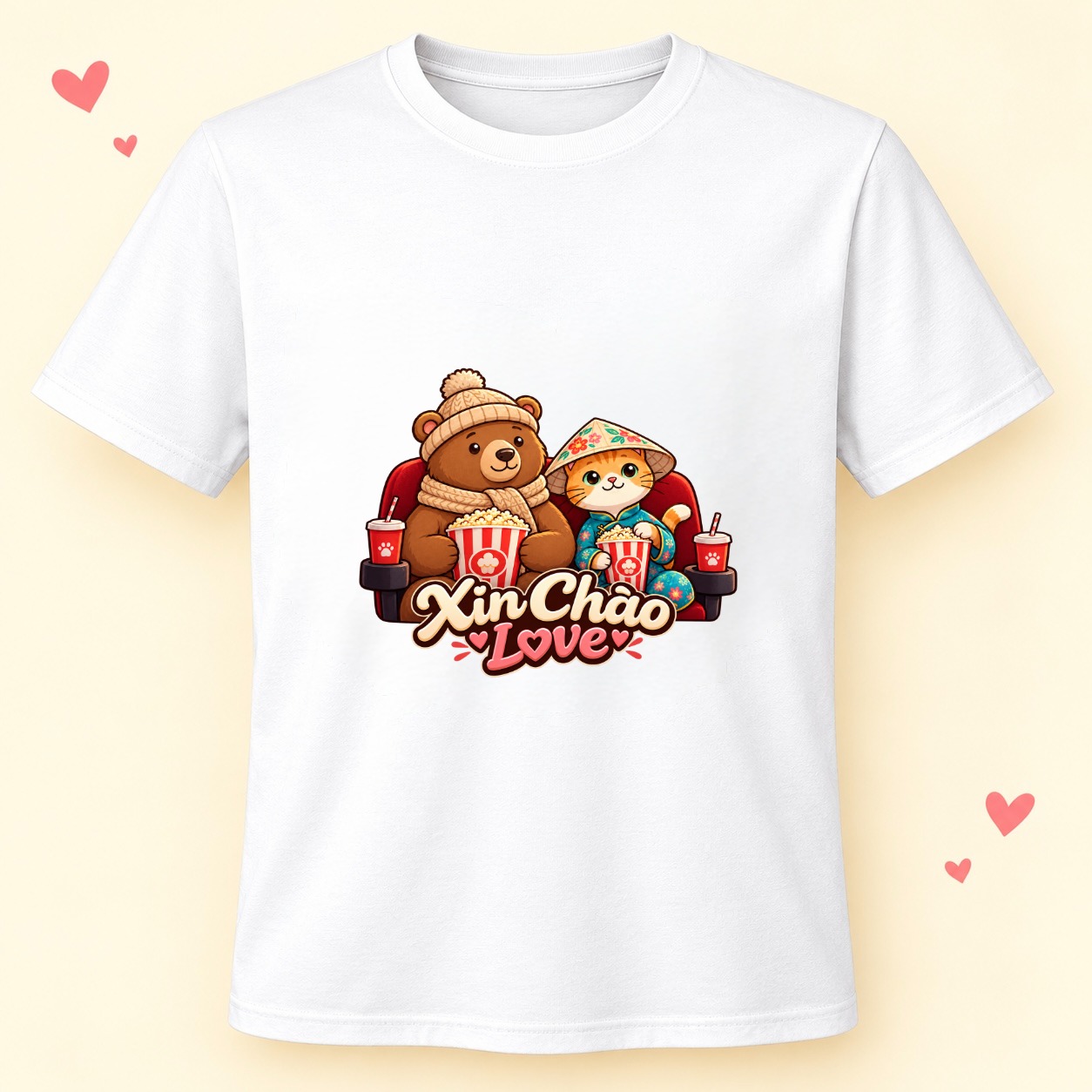 XinChao.Asia Travel Cat & Bear Valentine Tee - Cute Couple Shirt