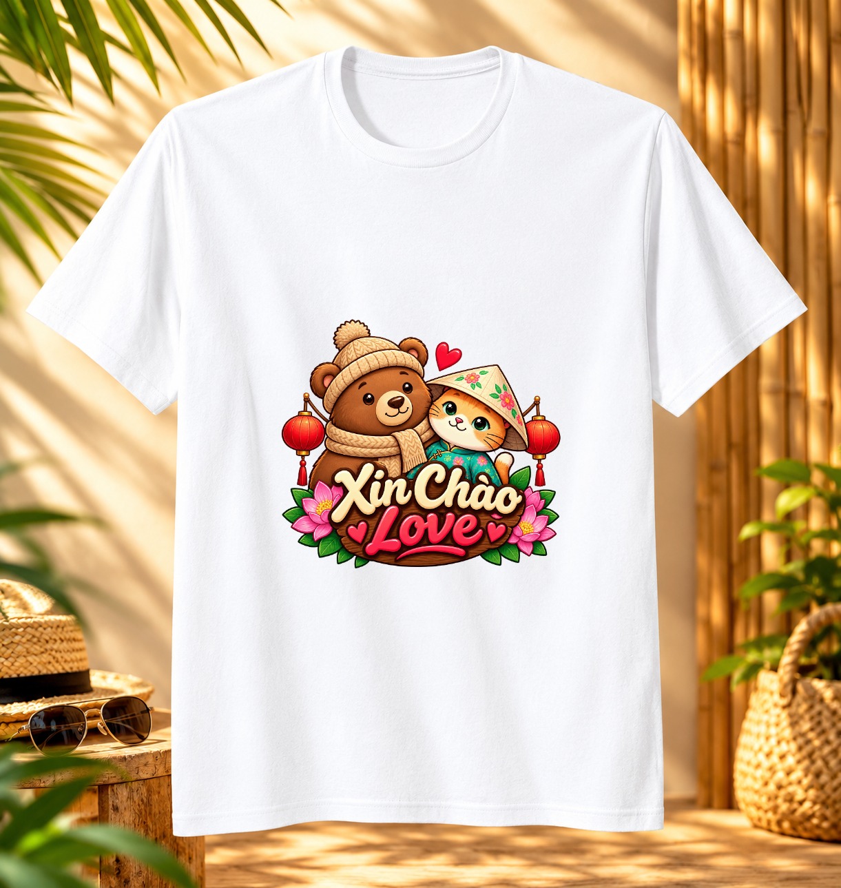 XinChao.Asia Cute Travel Cat & Bear T-Shirt Vietnamese Tee