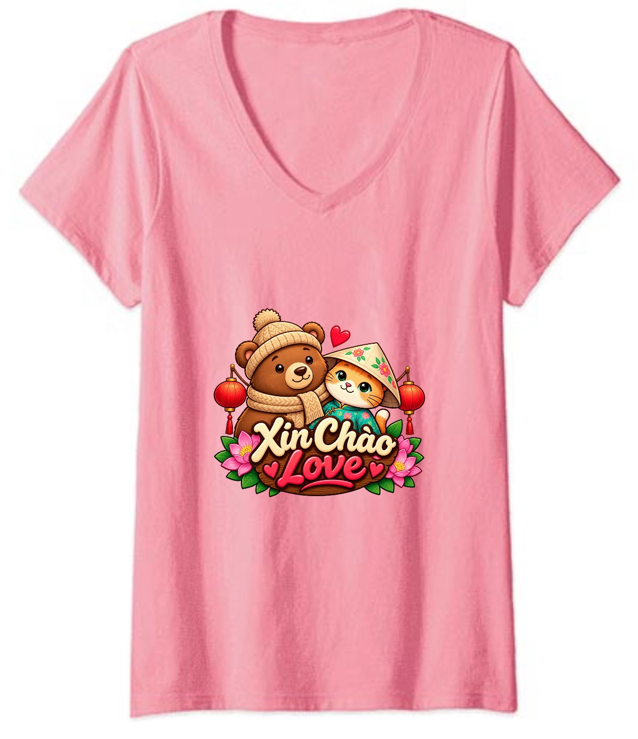 XinChao.Asia Cute Cat Bear V-Neck T-Shirt Vietnamese Travel