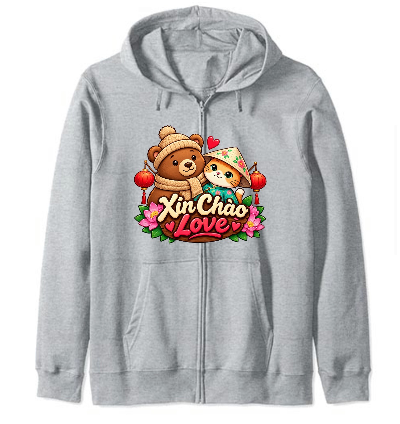 XinChao.Asia Cute Cat Bear Zip Hoodie Vietnamese Travel