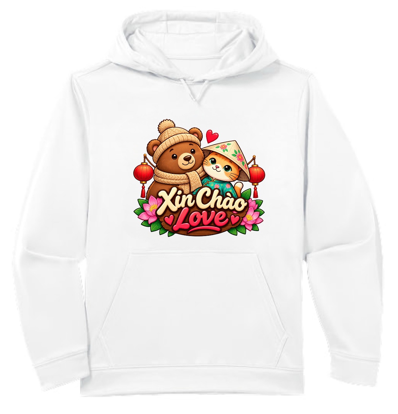 XinChao.Asia Cute Travel Cat & Bear Hoodie | Cozy Vietnamese Gift