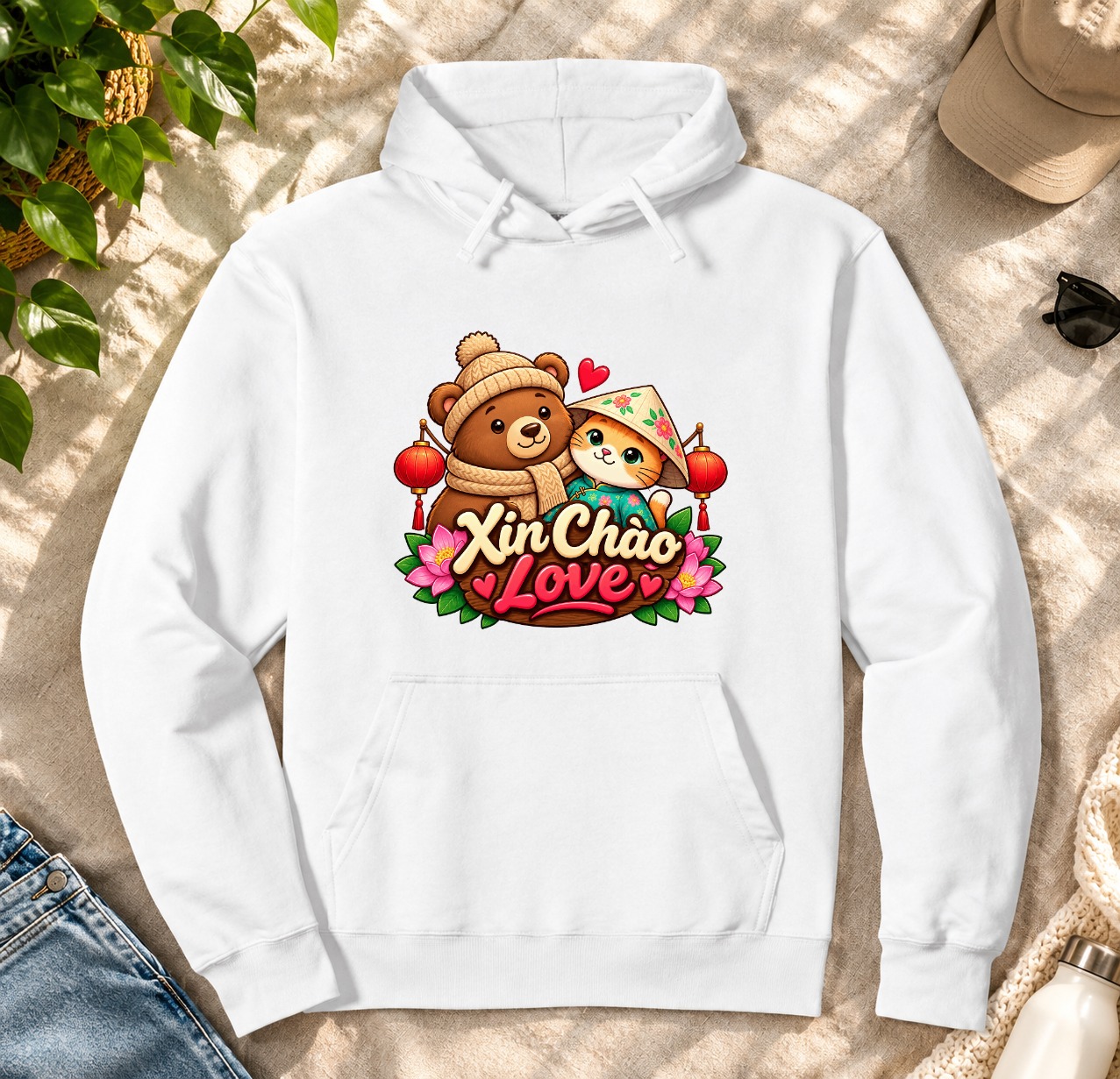XinChao.Asia Cute Vietnamese Cat & Bear Travel Pullover Hoodie